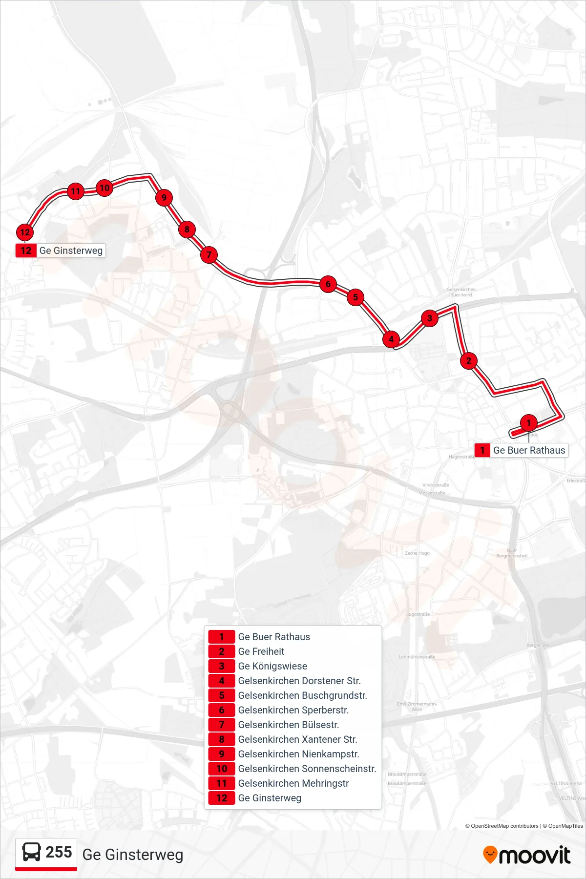 Linie 255 (Bus) Richtung Ge Ginsterweg: Route und Haltestellen auf der Karte