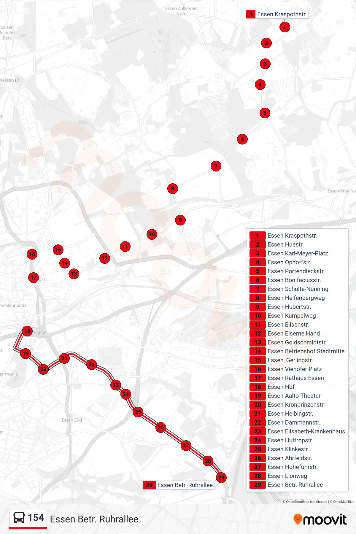 Linie 154 (Bus) Richtung Essen Betr. Ruhrallee: Route und Haltestellen auf der Karte
