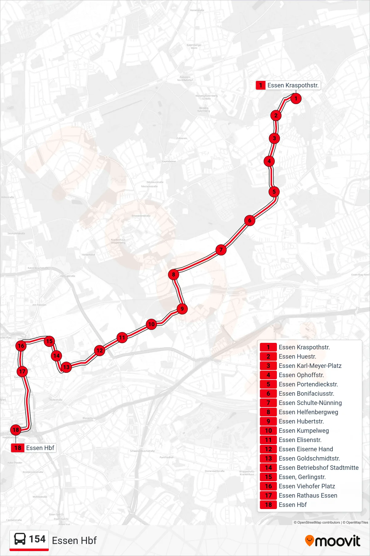 Linie 154 (Bus) Richtung Essen Hbf: Route und Haltestellen auf der Karte