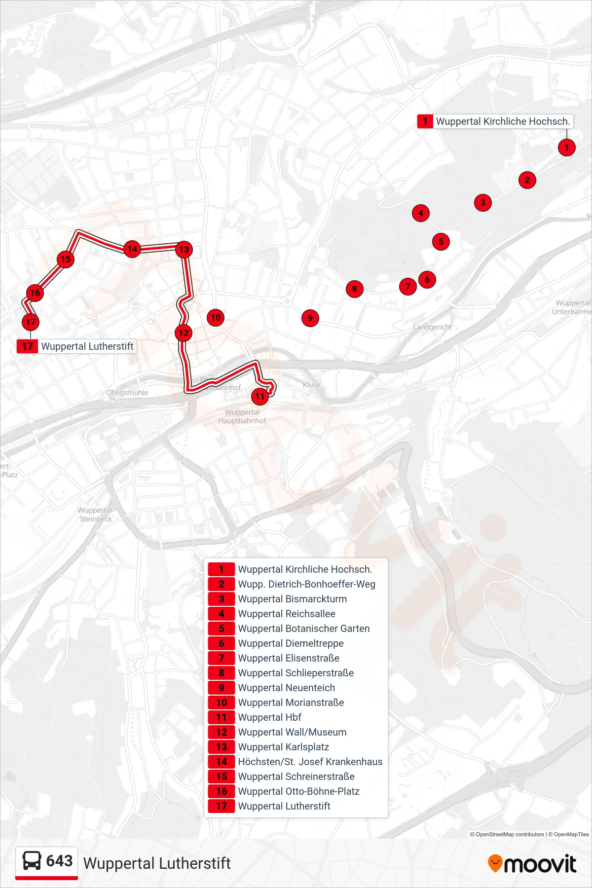 Linie 643 (Bus) Richtung Wuppertal Lutherstift: Route und Haltestellen auf der Karte