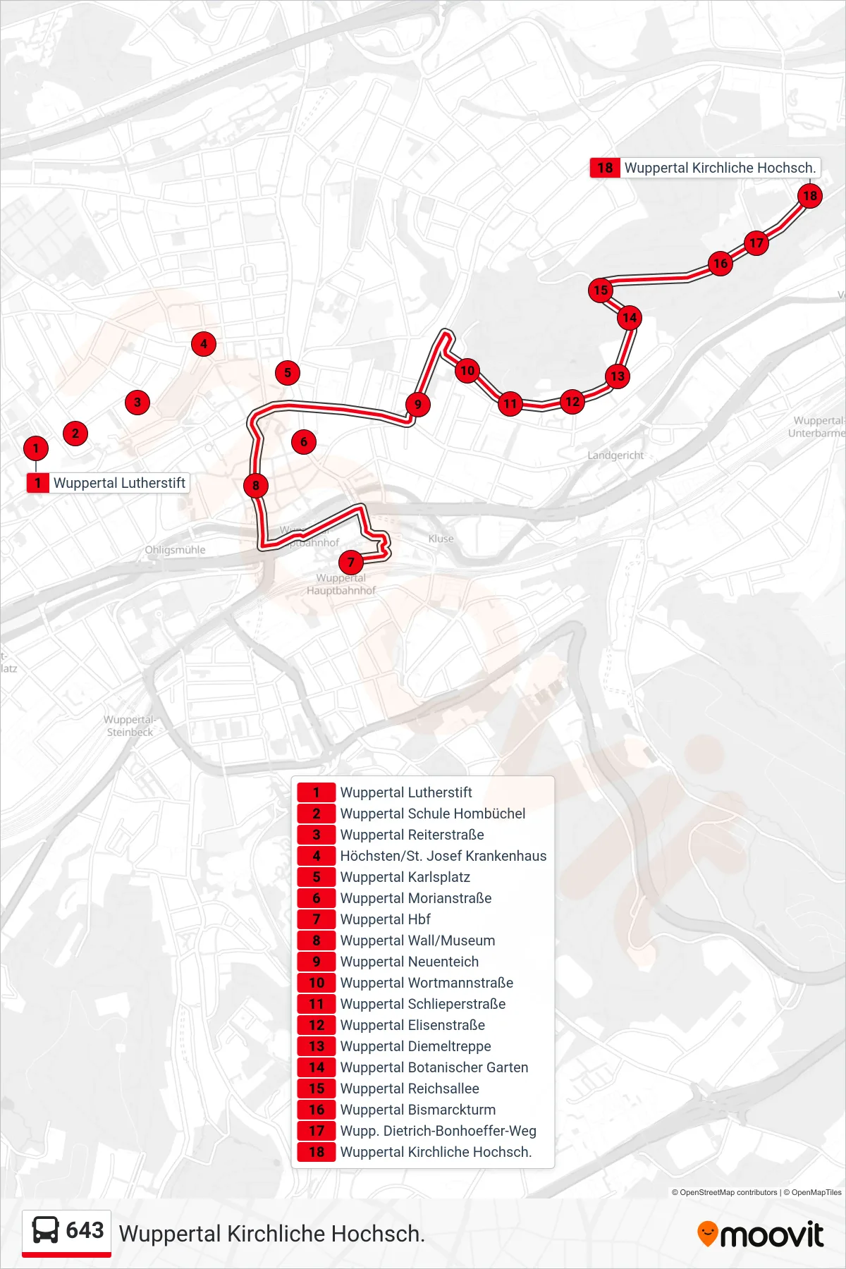 Linie 643 (Bus) Richtung Wuppertal Kirchliche Hochsch.: Route und Haltestellen auf der Karte