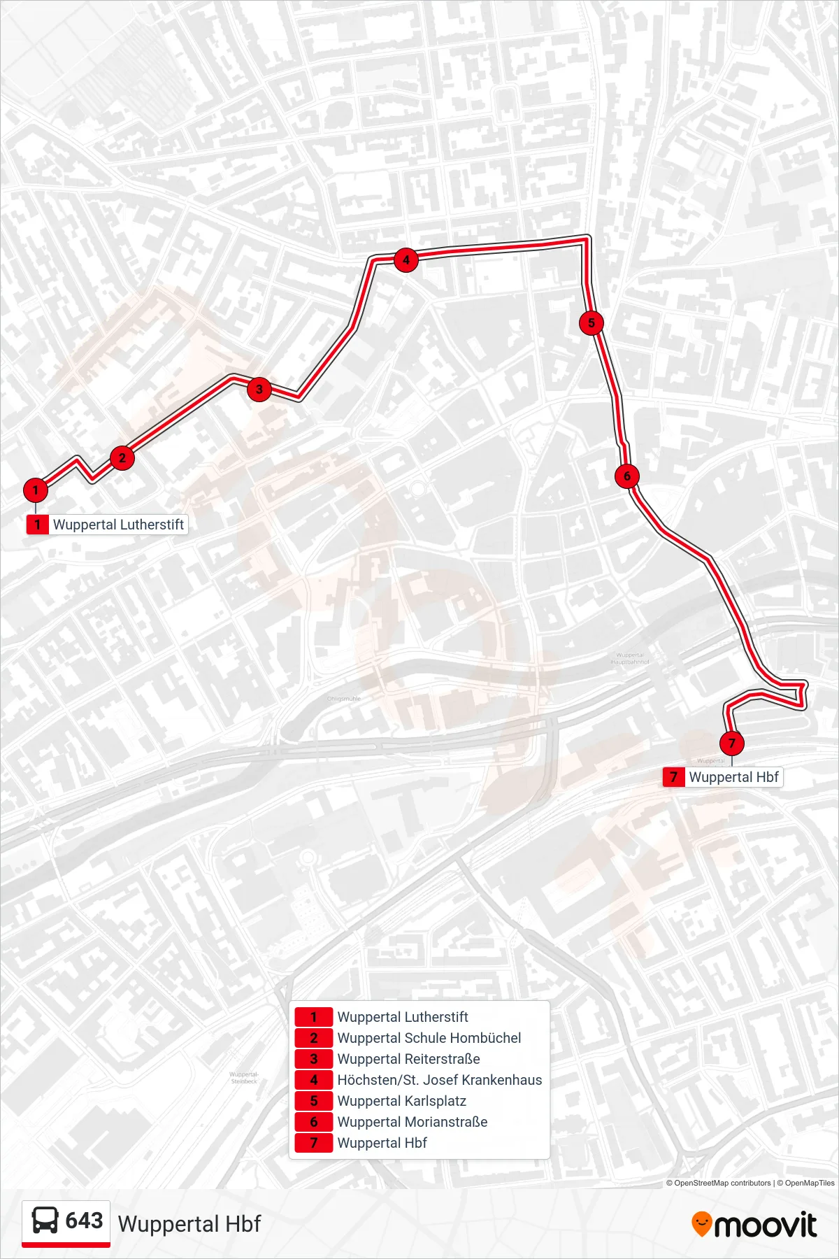 Linie 643 (Bus) Richtung Wuppertal Hbf: Route und Haltestellen auf der Karte