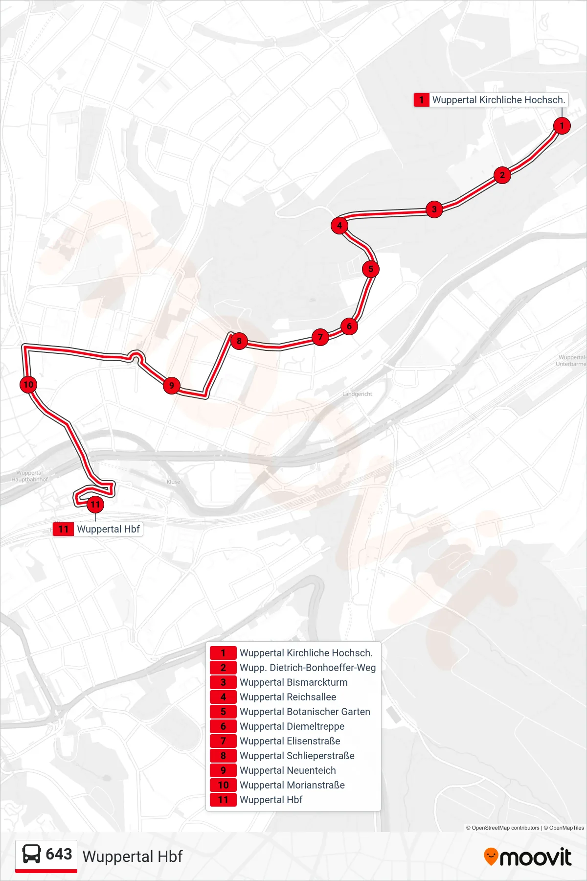 Linie 643 (Bus) Richtung Wuppertal Hbf: Route und Haltestellen auf der Karte