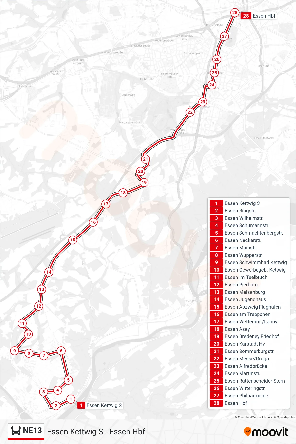 NE13 bus Line (Essen Hbf) route and stops on a map
