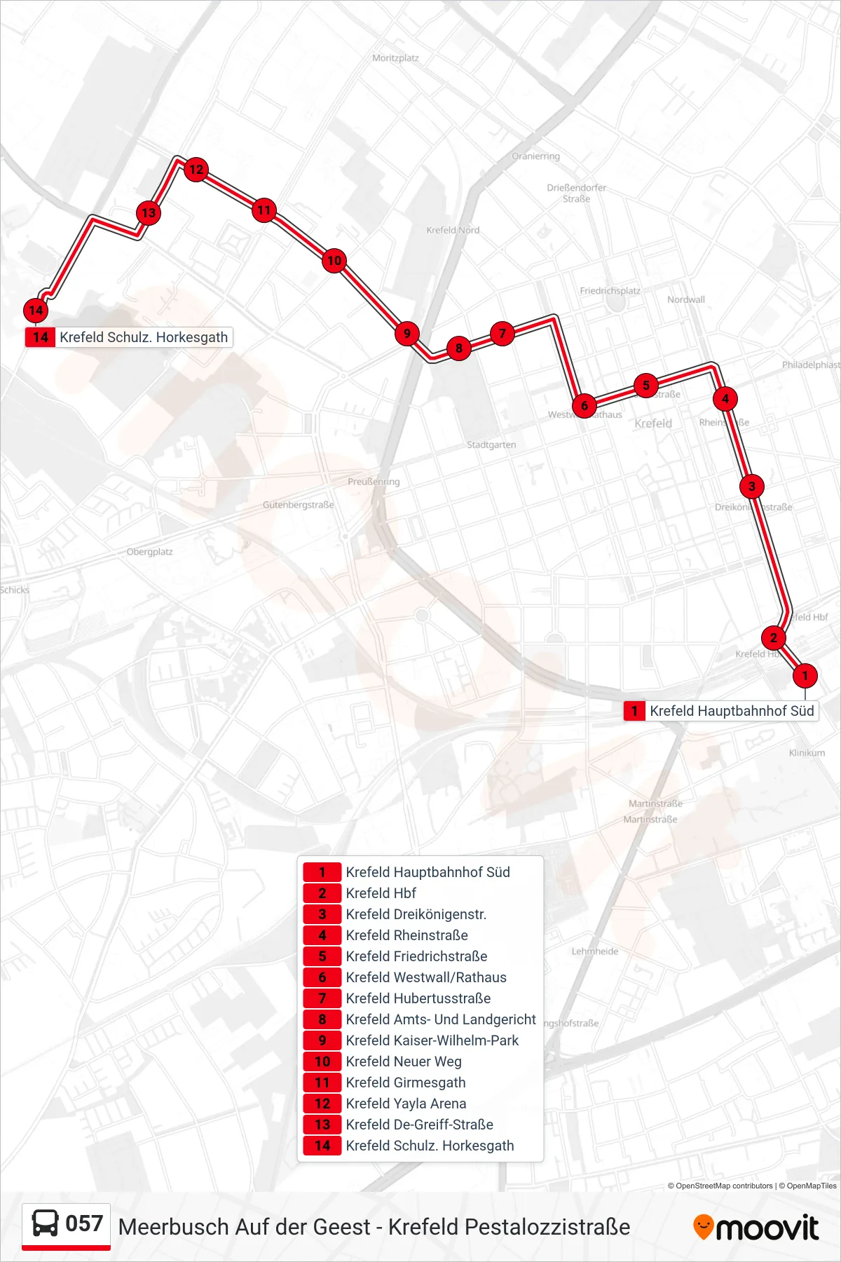 057 bus Line (Krefeld Schulz. Horkesgath) route and stops on a map