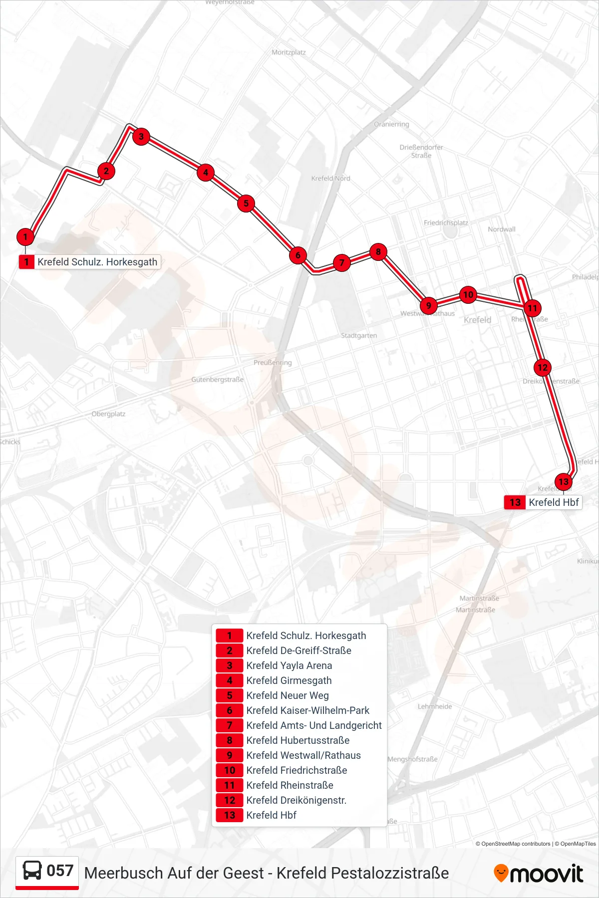 057 bus Line (Krefeld Hbf) route and stops on a map