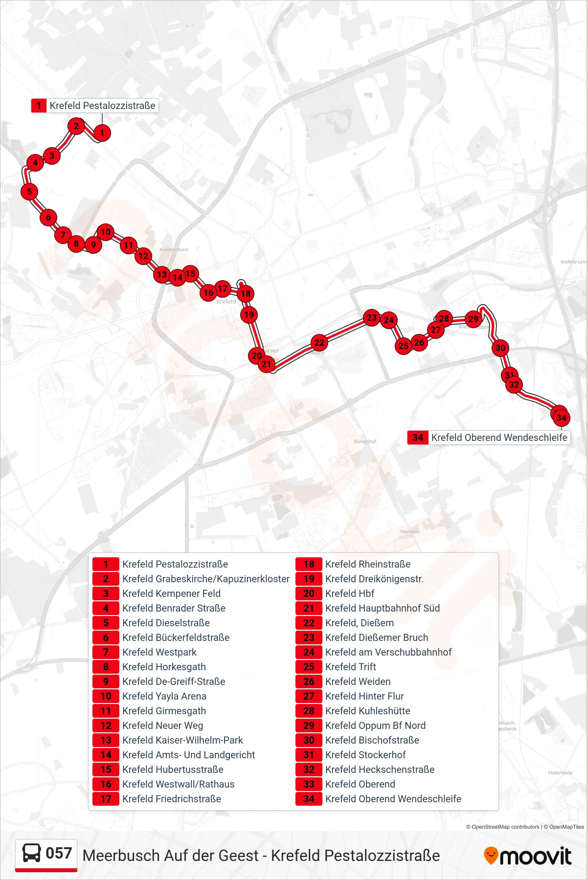057 bus Line (Krefeld Oberend Wendeschleife) route and stops on a map