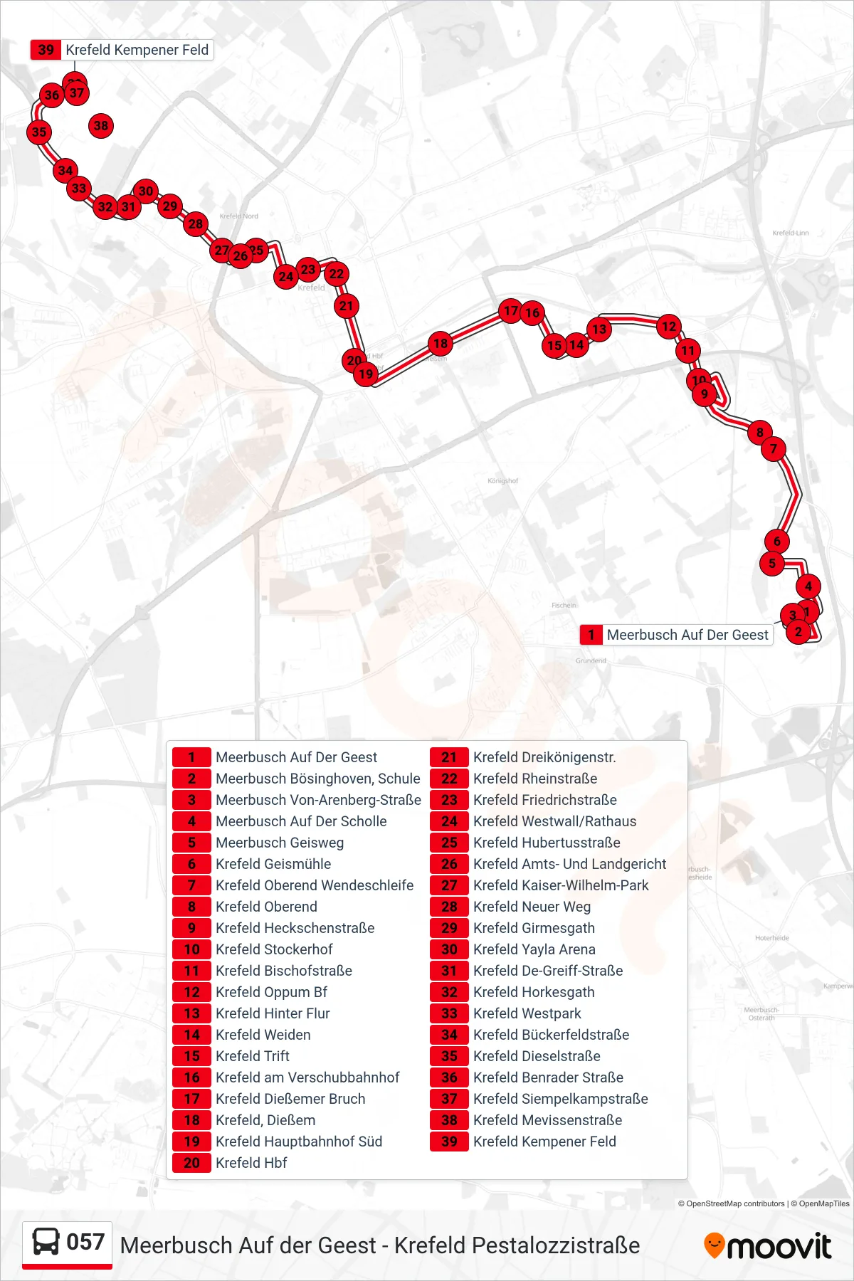 Linie 057 (Bus) Richtung Krefeld Kempener Feld: Route und Haltestellen auf der Karte