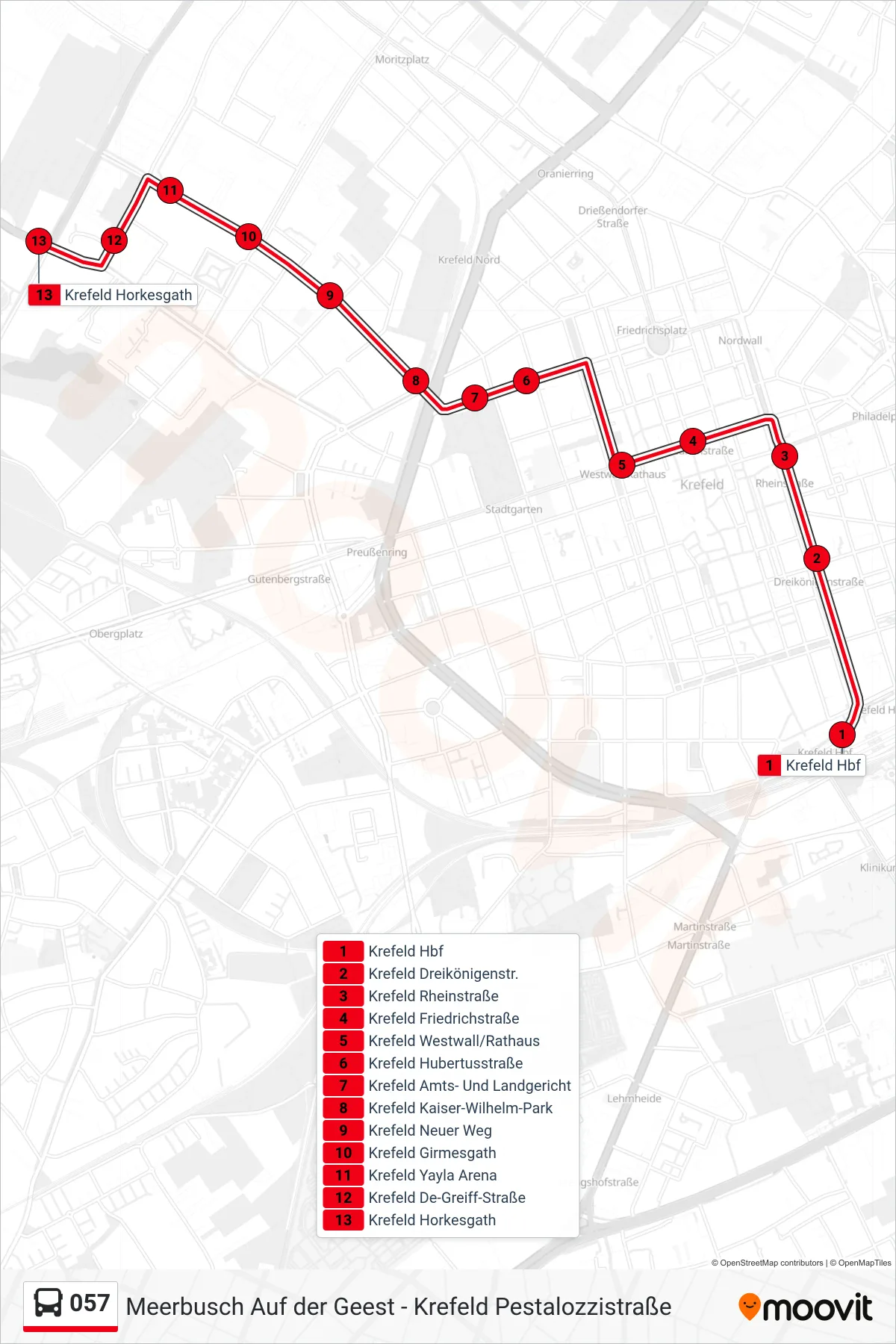 Linie 057 (Bus) Richtung Krefeld Horkesgath: Route und Haltestellen auf der Karte