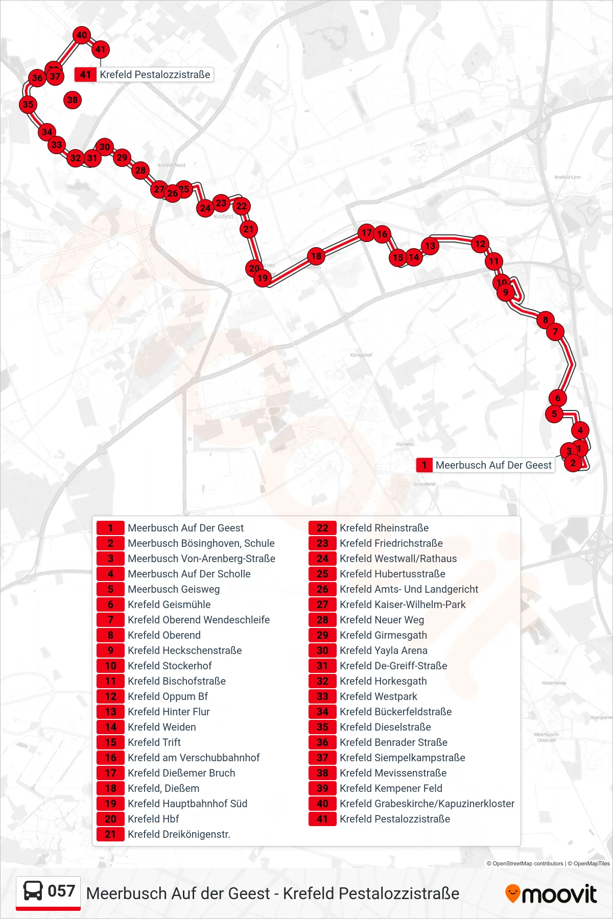 057 bus Line (Krefeld Pestalozzistraße) route and stops on a map