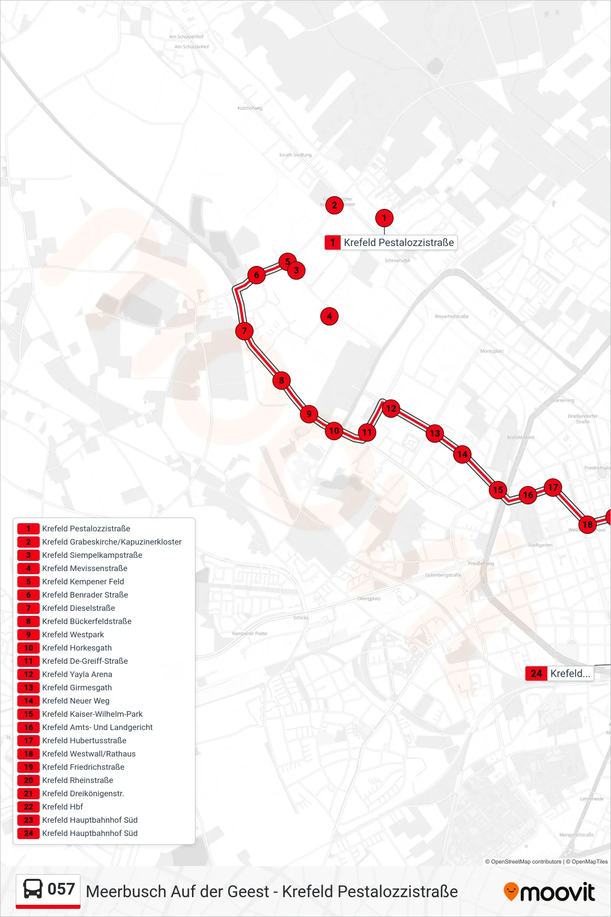 057 bus Line (Krefeld Hauptbahnhof Süd) route and stops on a map