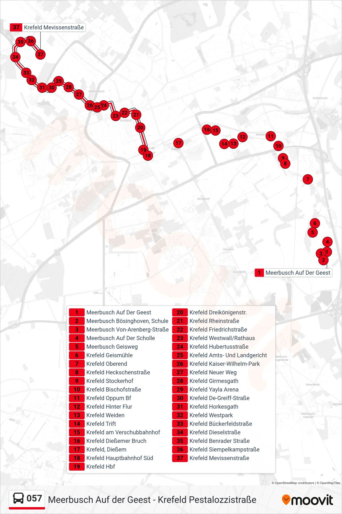 057 bus Line (Krefeld Mevissenstraße) route and stops on a map