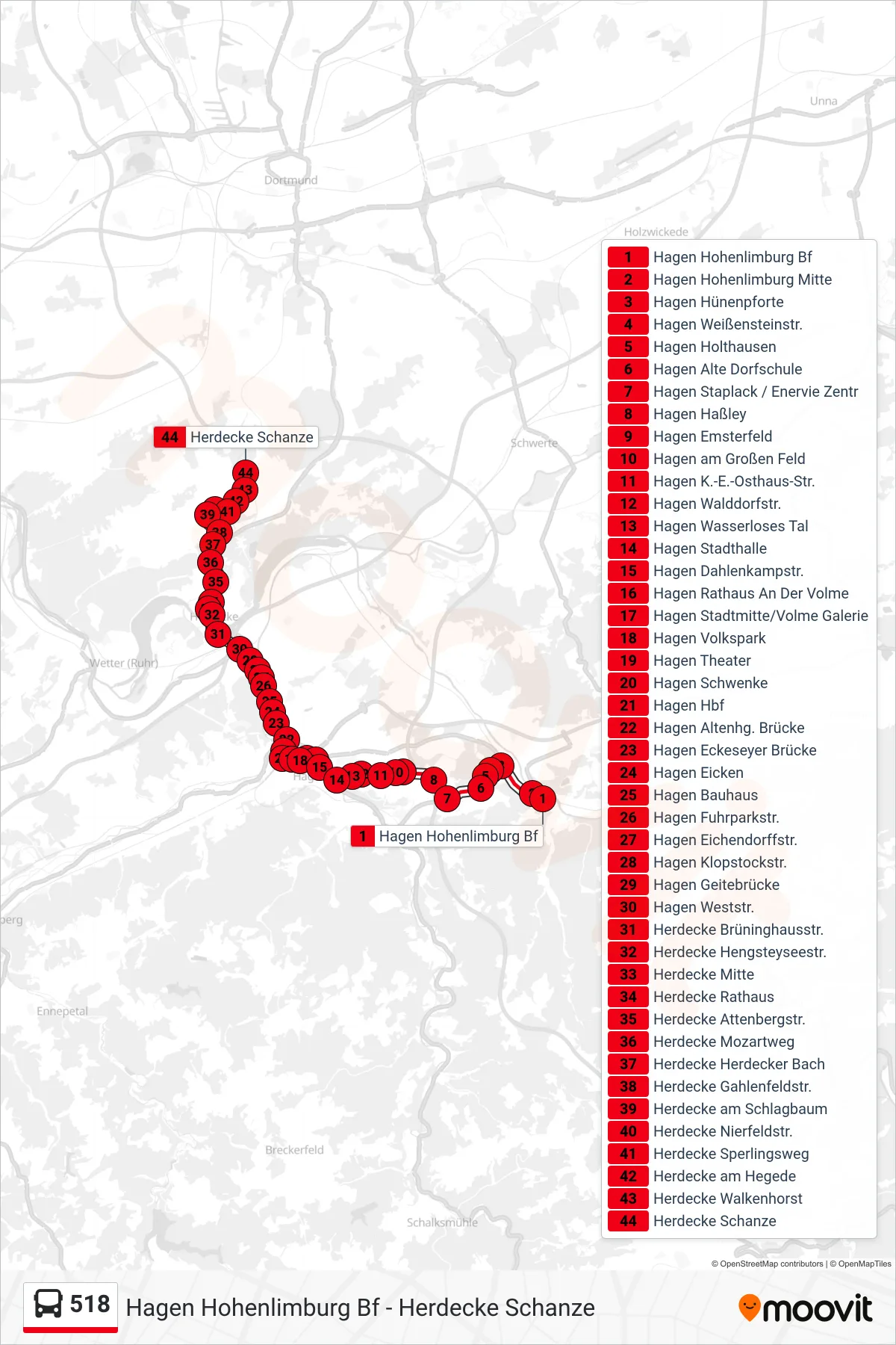 518 bus Line (Herdecke Schanze) route and stops on a map