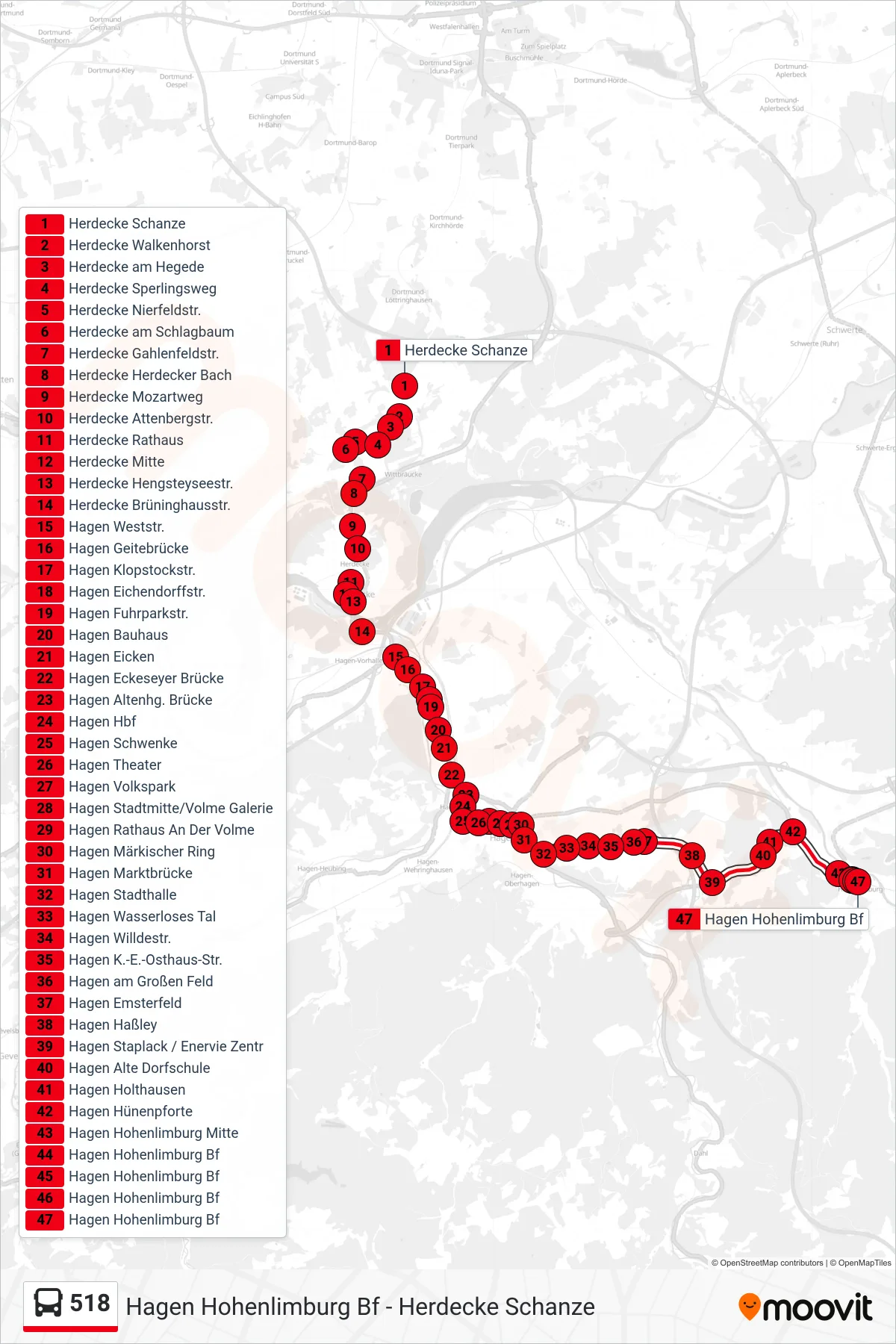 Linie 518 (Bus) Richtung Hagen Hohenlimburg Bf: Route und Haltestellen auf der Karte