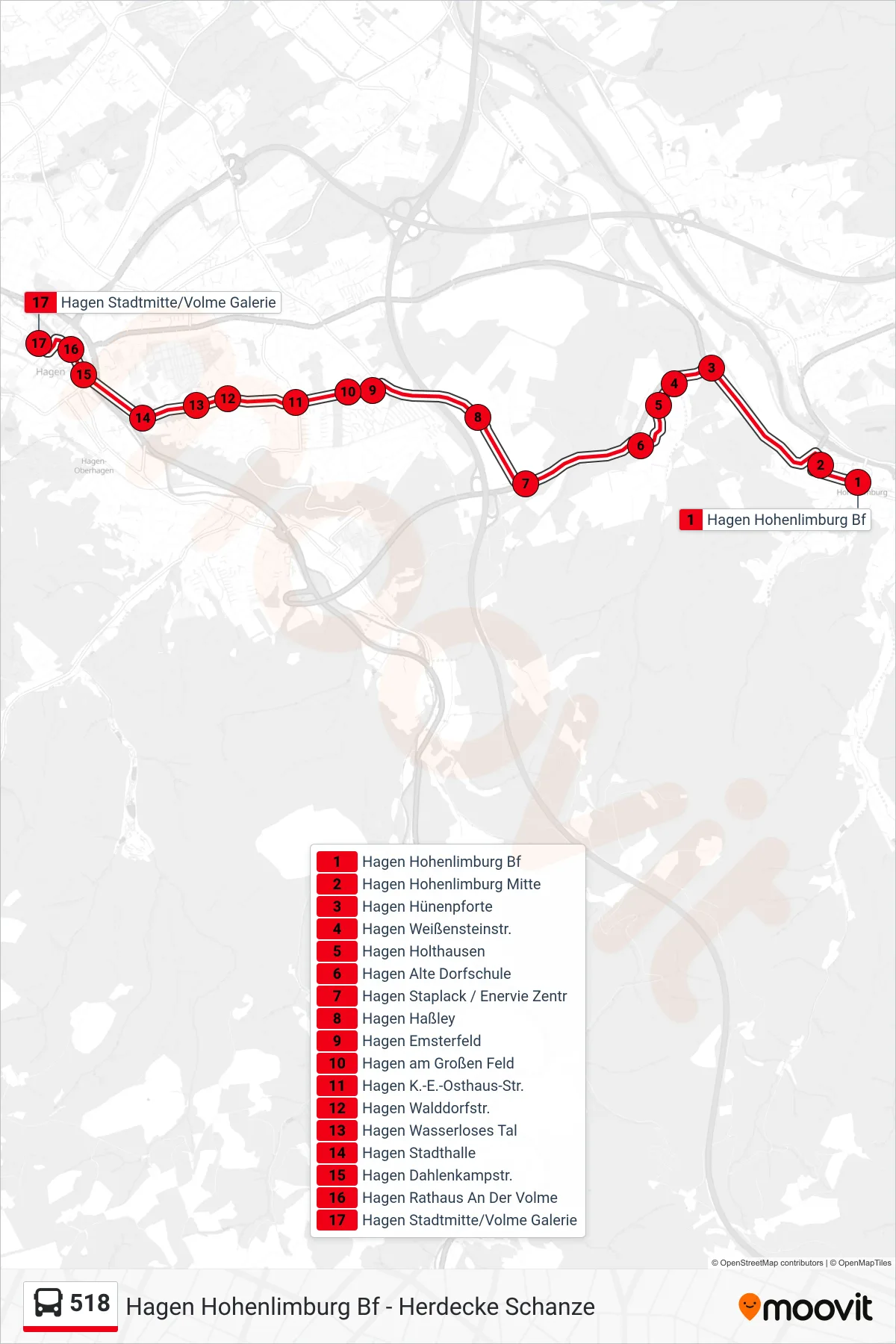 Linie 518 (Bus) Richtung Hagen Stadtmitte/Volme Galerie: Route und Haltestellen auf der Karte