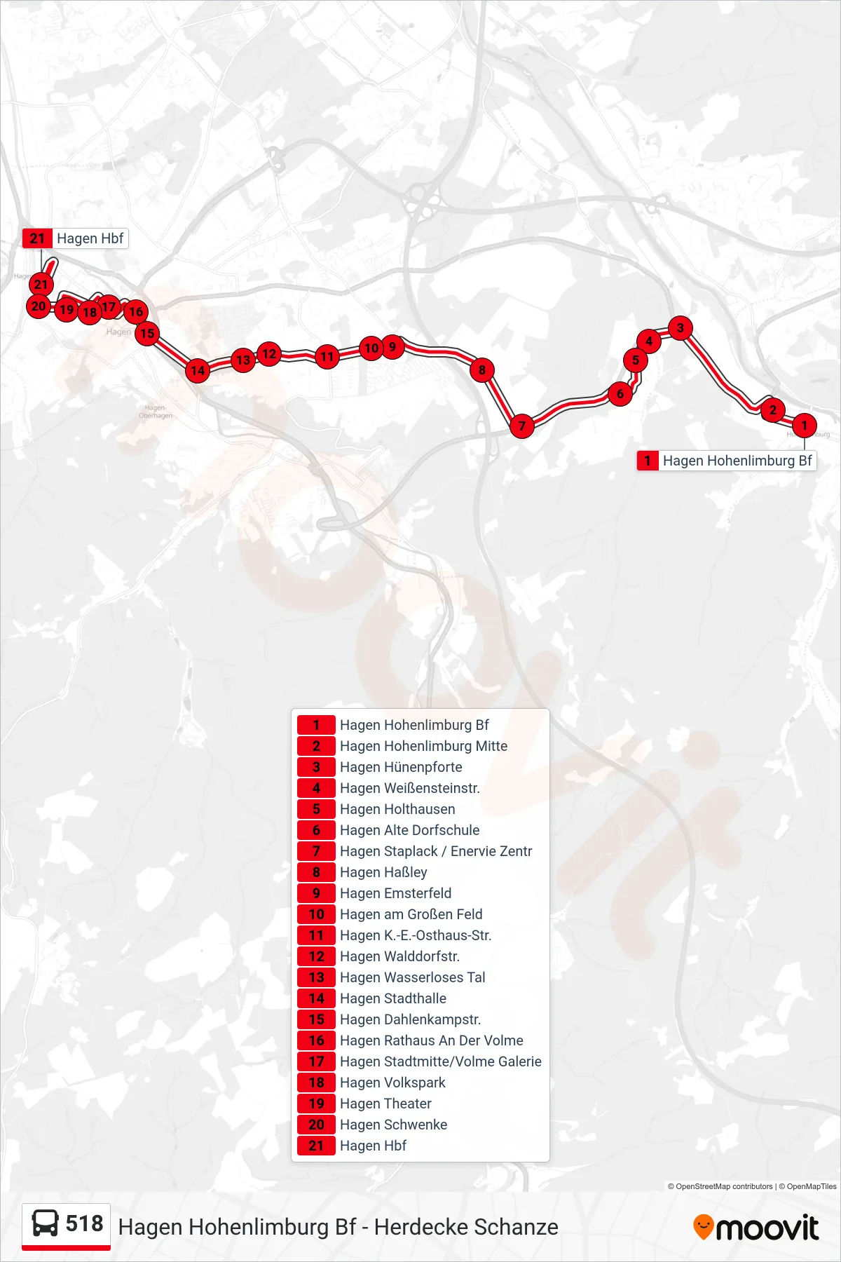 518 bus Line (Hagen Hbf) route and stops on a map