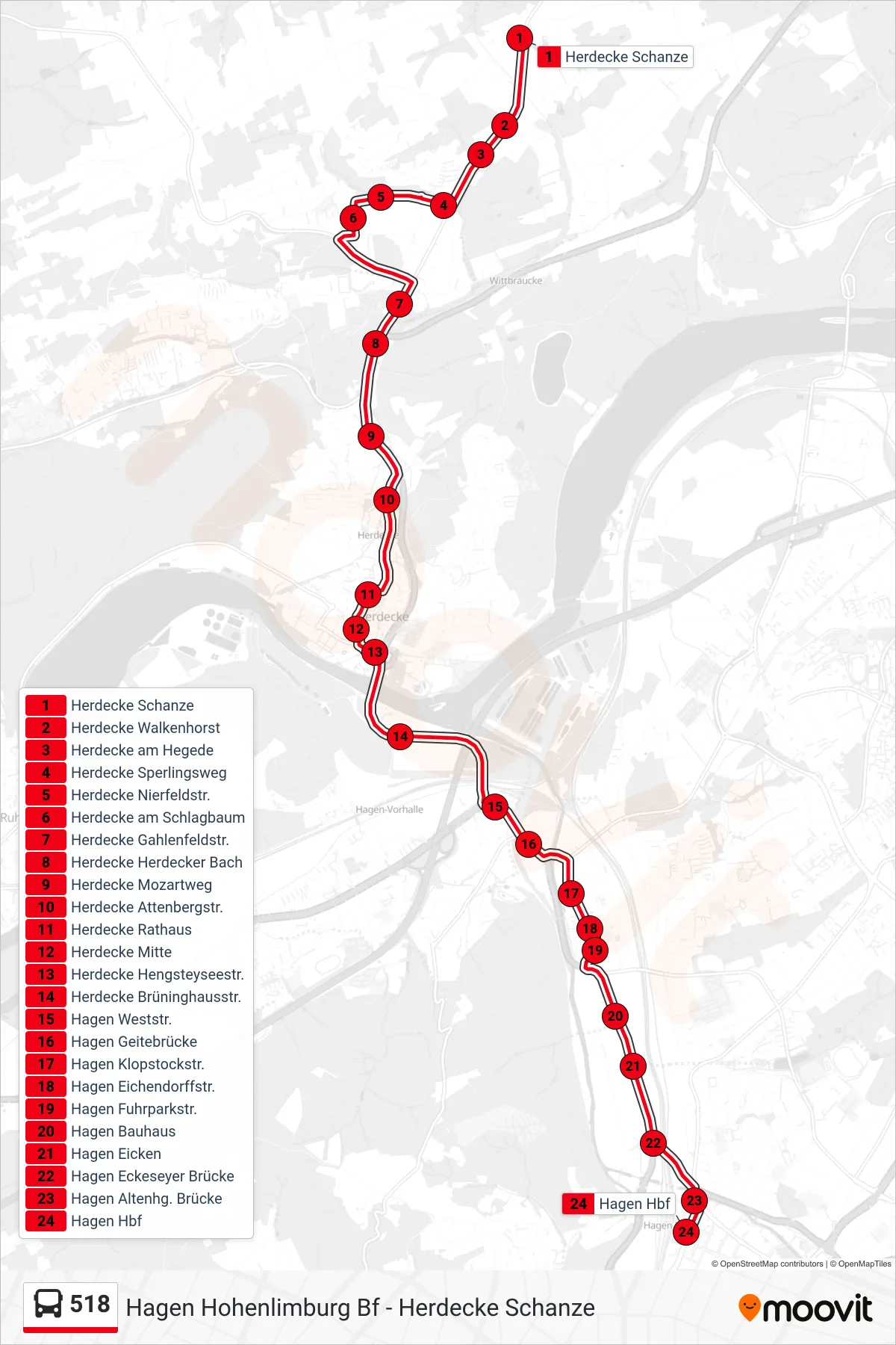 518 bus Line (Hagen Hbf) route and stops on a map