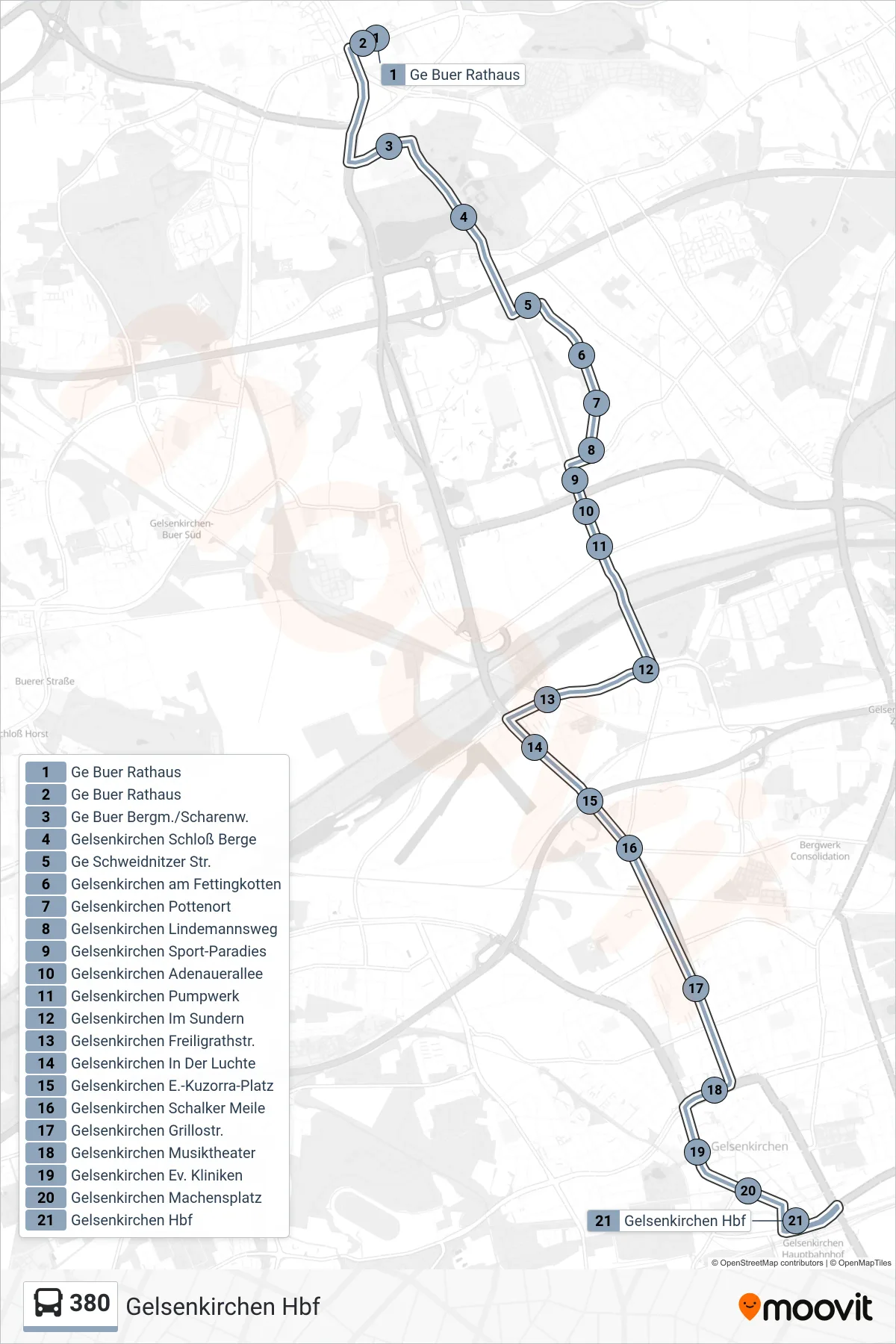 380 bus Line (Gelsenkirchen Hbf) route and stops on a map