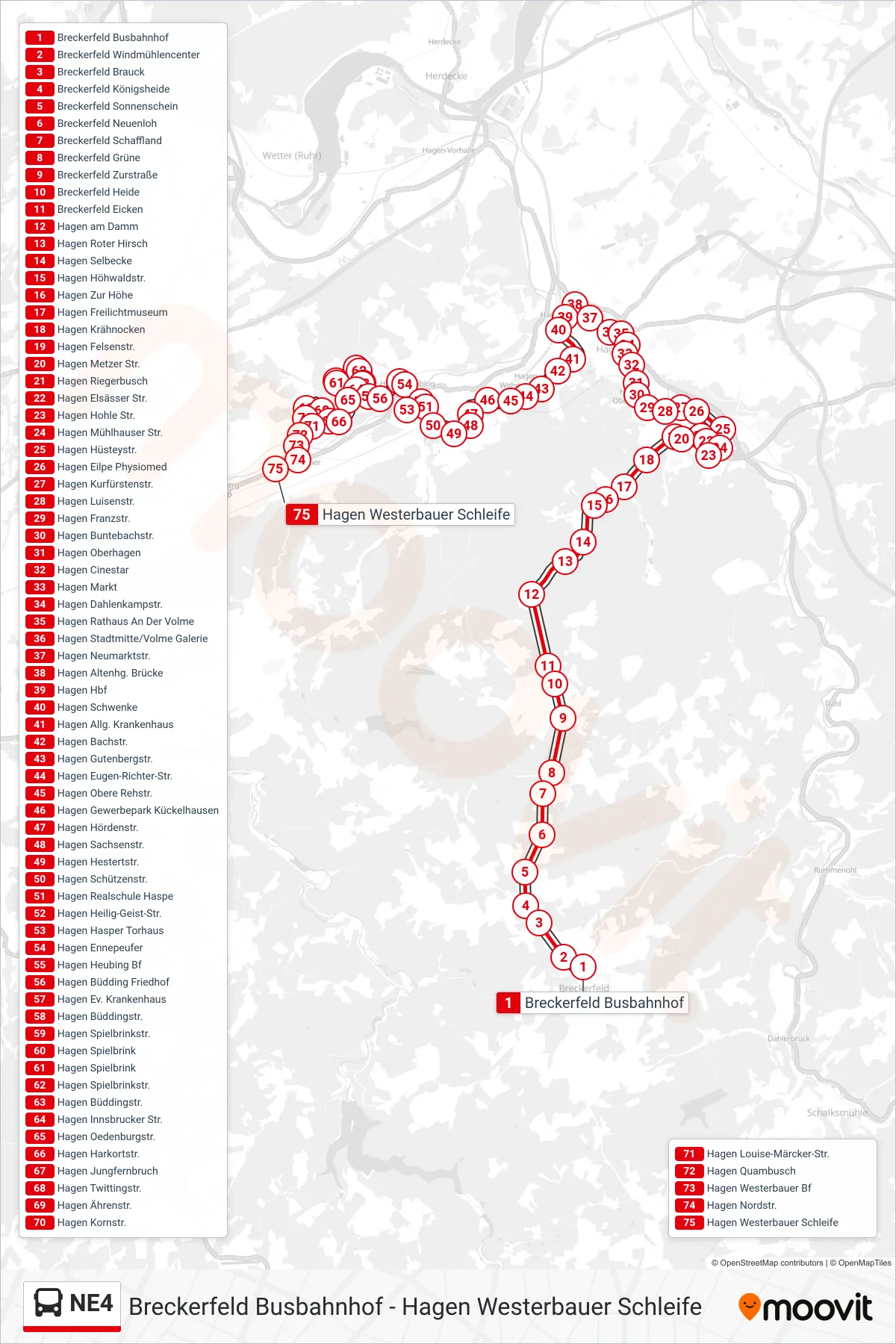 Linie NE4 (Bus) Richtung Hagen Westerbauer Schleife: Route und Haltestellen auf der Karte