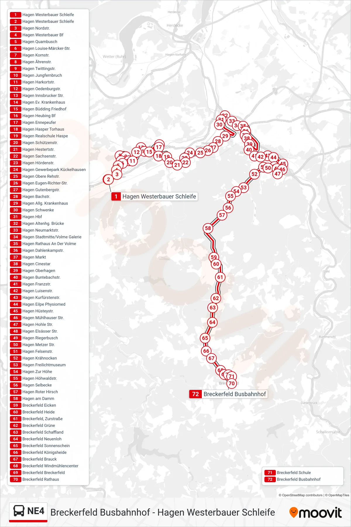 NE4 bus Line (Breckerfeld Busbahnhof) route and stops on a map