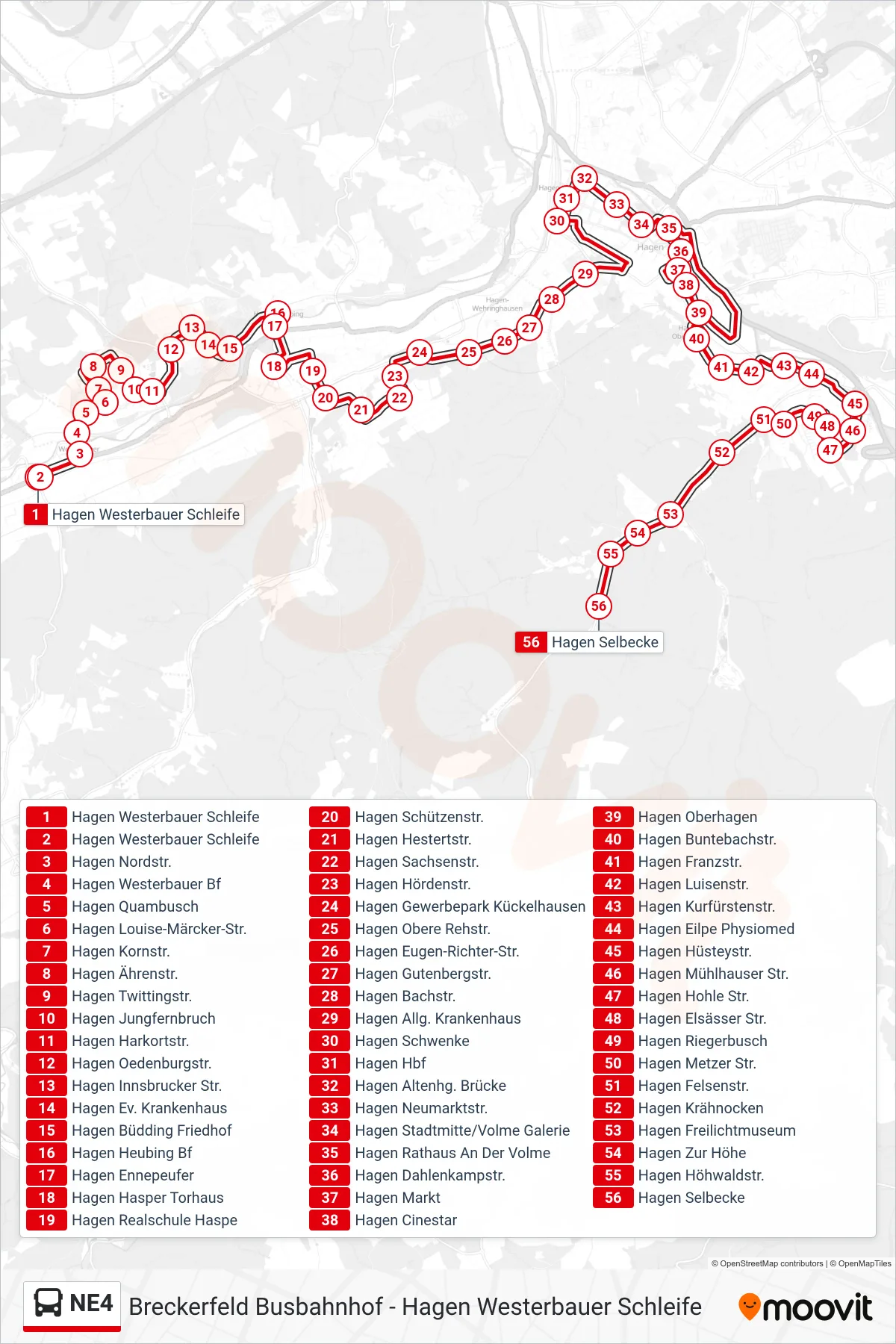 Linie NE4 (Bus) Richtung Hagen Selbecke: Route und Haltestellen auf der Karte