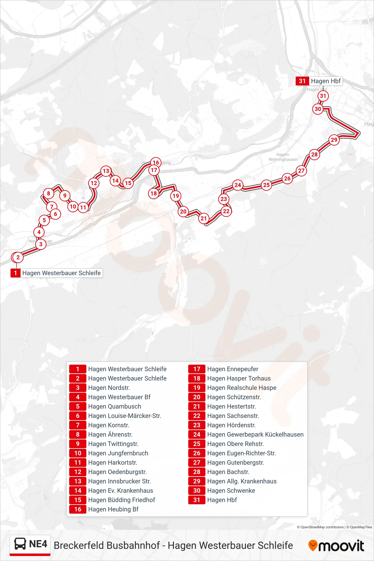 NE4 bus Line (Hagen Hbf) route and stops on a map