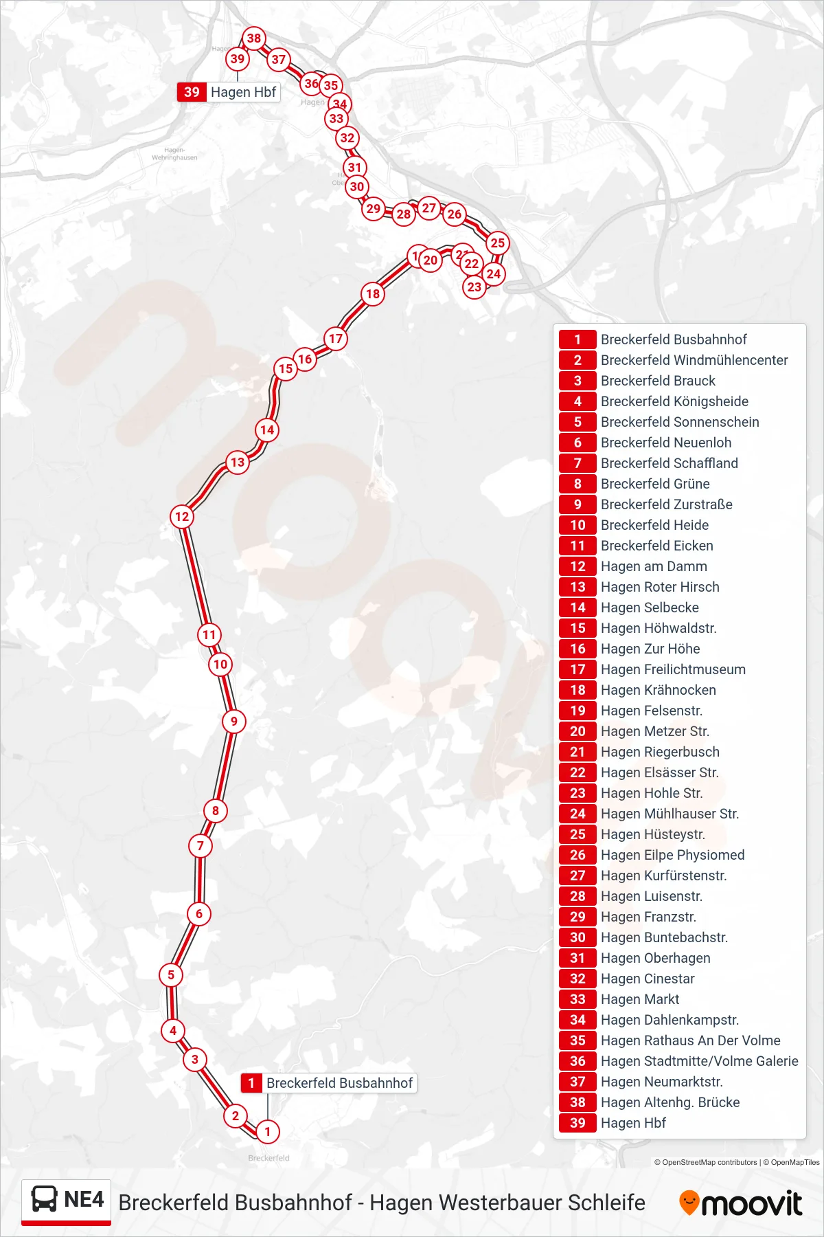 Linie NE4 (Bus) Richtung Hagen Hbf: Route und Haltestellen auf der Karte