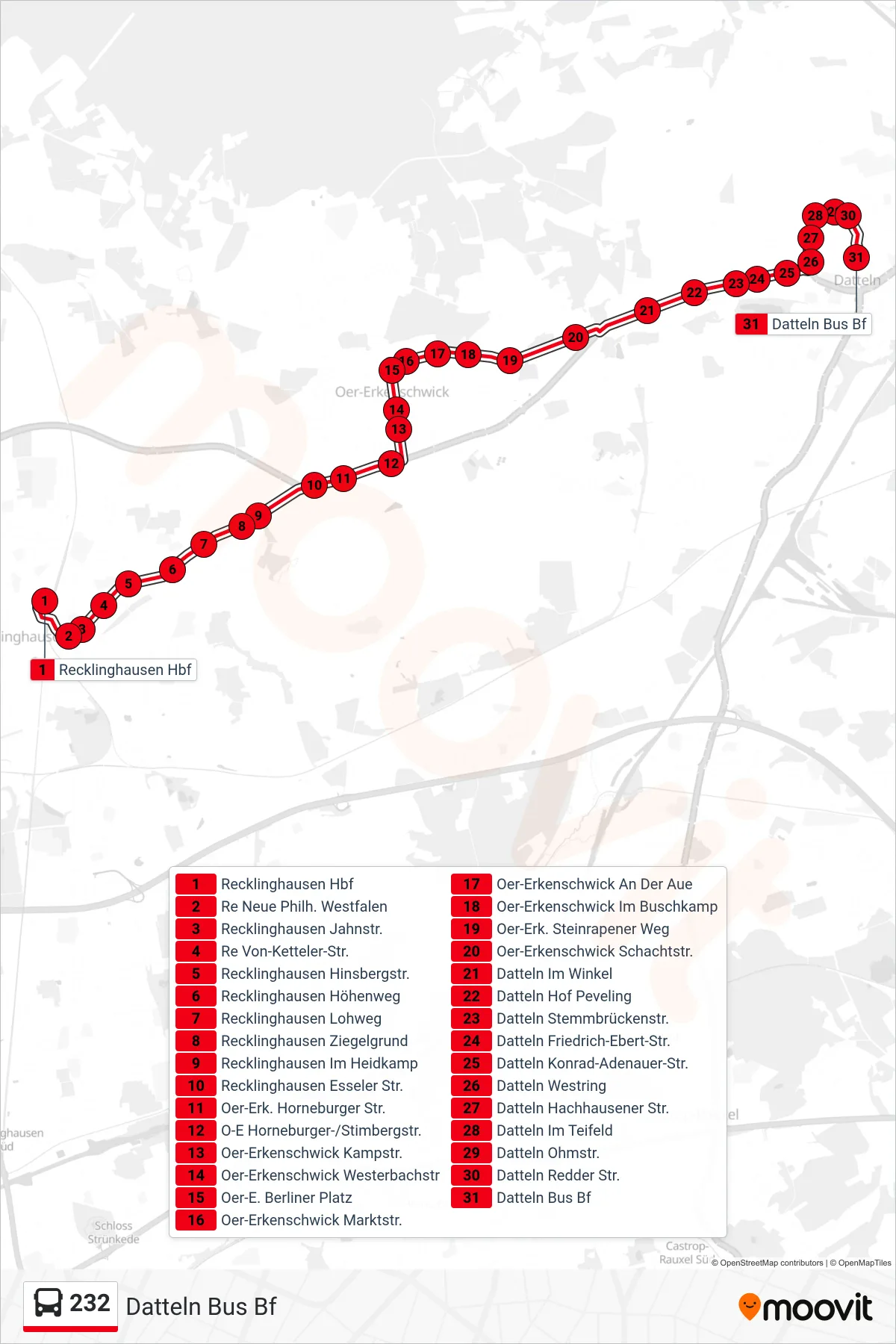 Linie 232 (Bus) Richtung Datteln Bus Bf: Route und Haltestellen auf der Karte