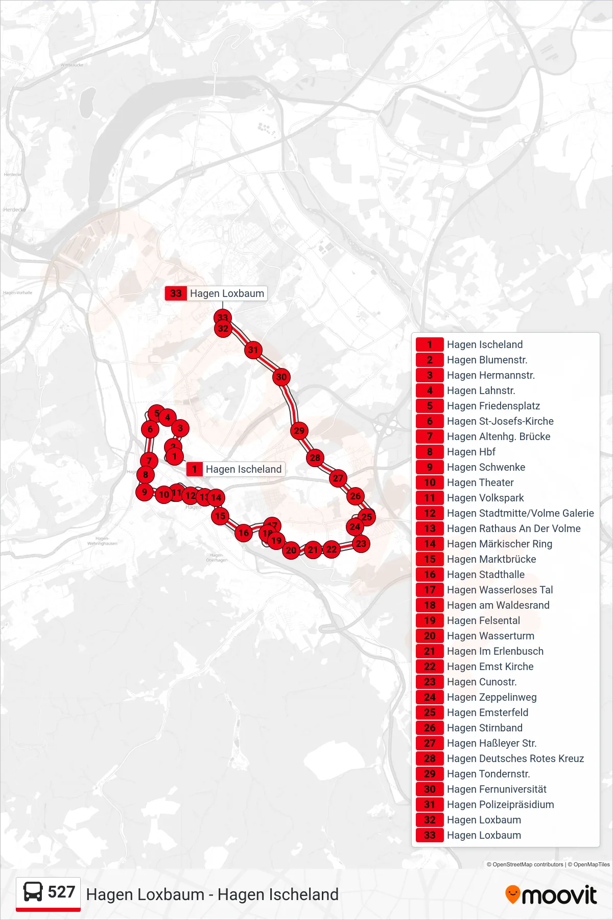 Linie 527 (Bus) Richtung Hagen Loxbaum: Route und Haltestellen auf der Karte