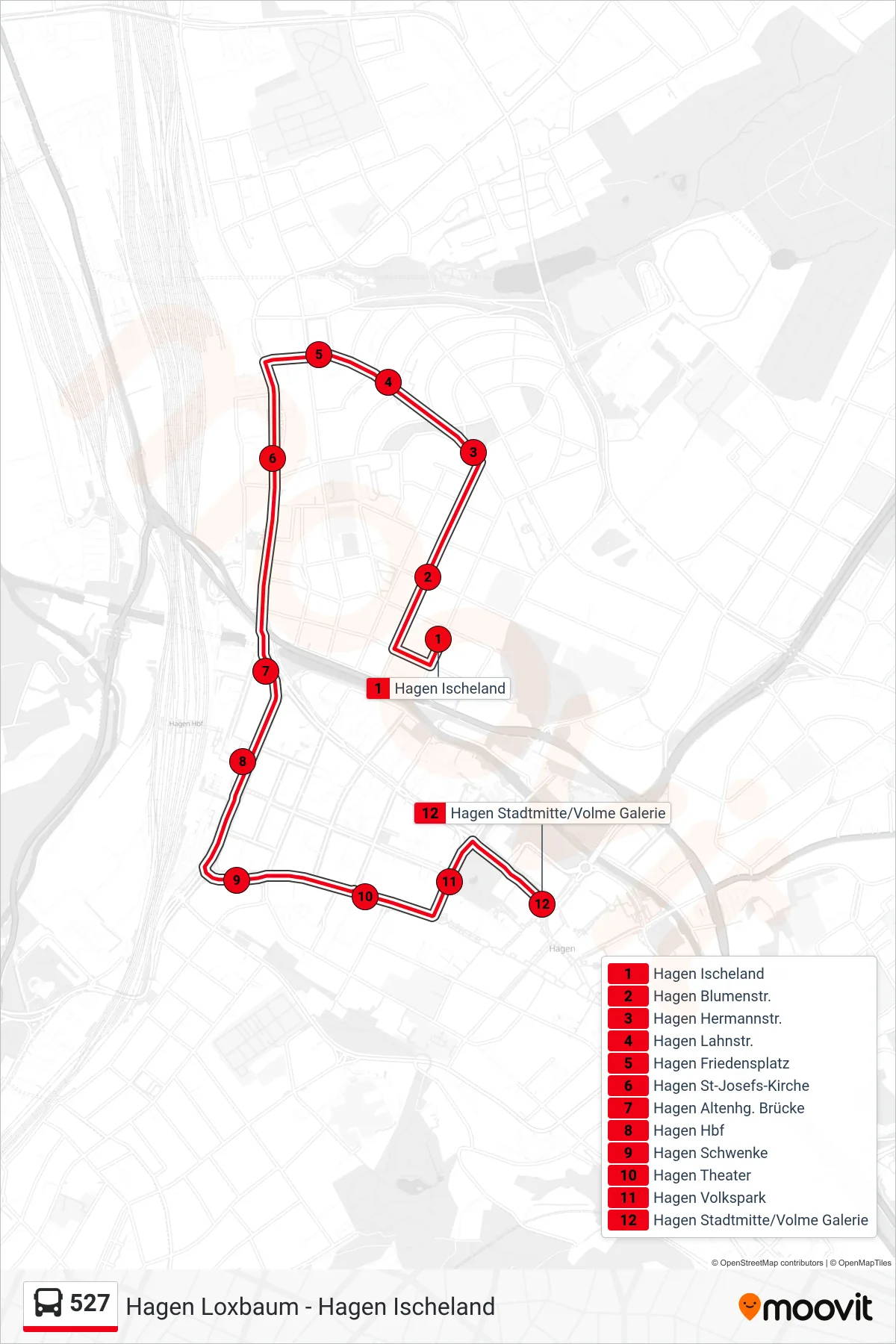 Linie 527 (Bus) Richtung Hagen Stadtmitte/Volme Galerie: Route und Haltestellen auf der Karte