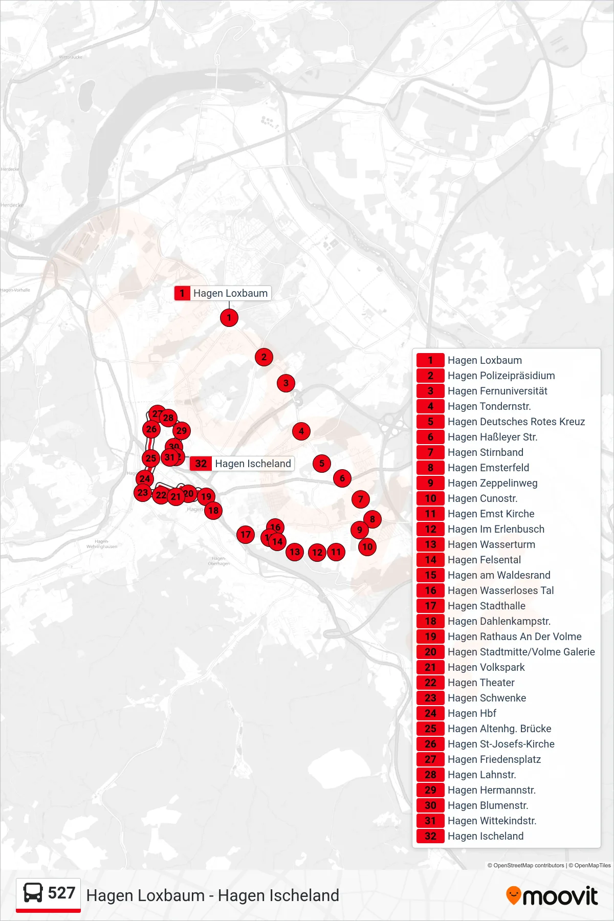 Linie 527 (Bus) Richtung Hagen Ischeland: Route und Haltestellen auf der Karte