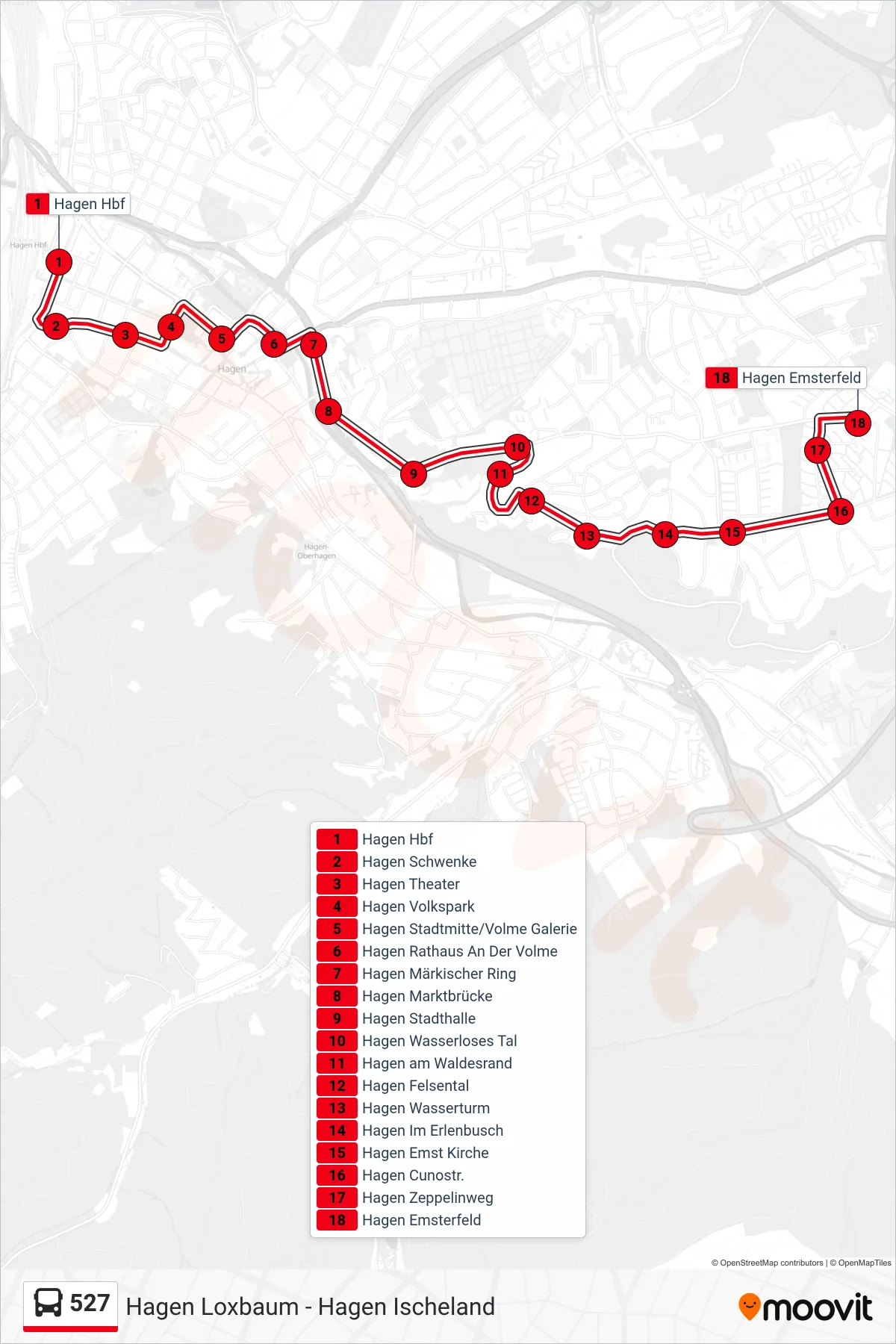 Linie 527 (Bus) Richtung Hagen Emsterfeld: Route und Haltestellen auf der Karte