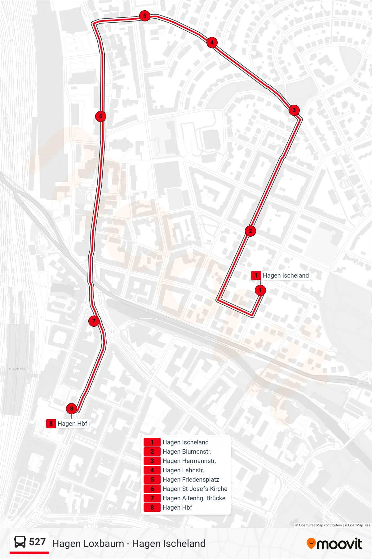 527 bus Line (Hagen Hbf) route and stops on a map