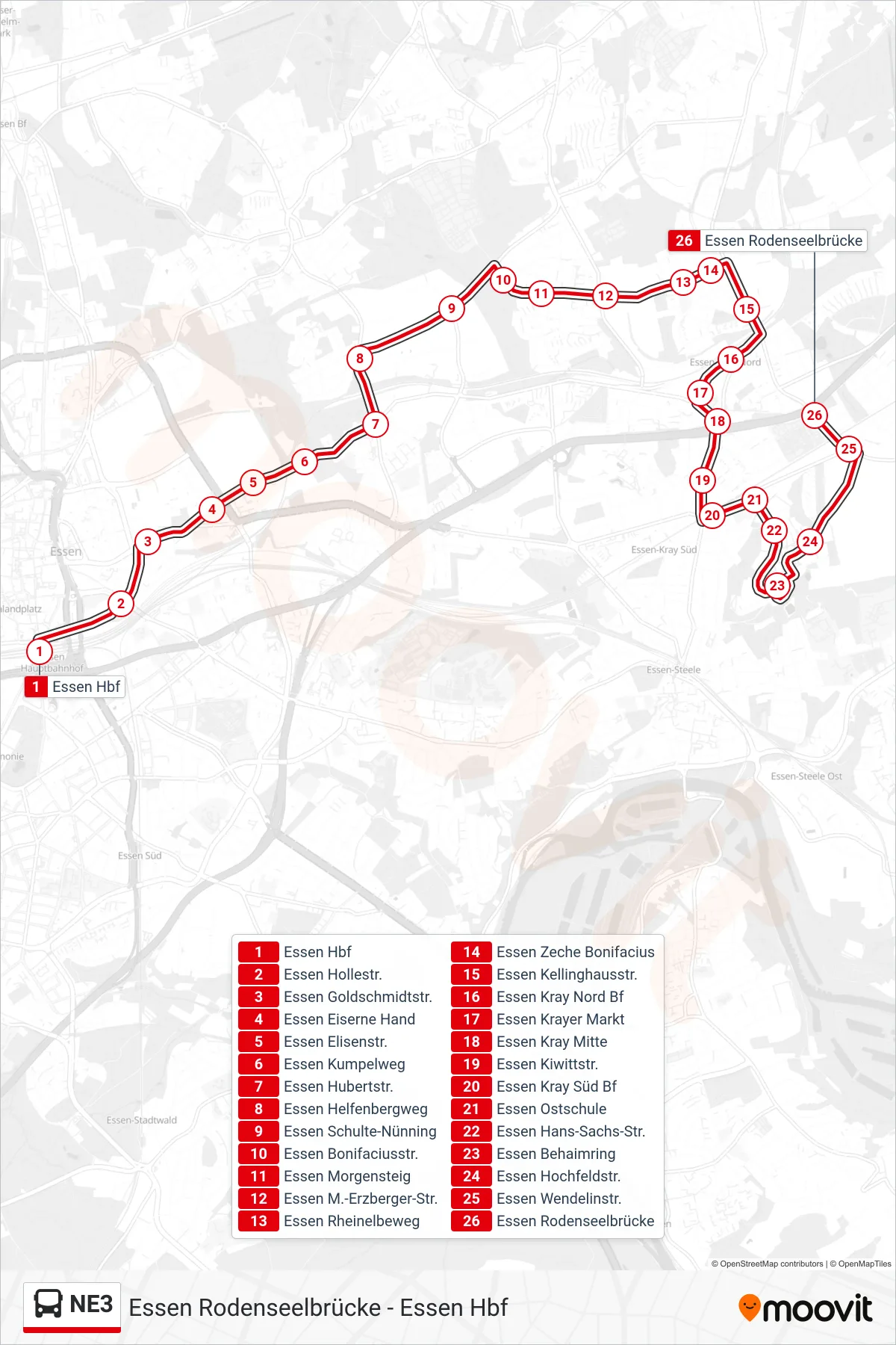 NE3 bus Line (Essen Rodenseelbrücke) route and stops on a map