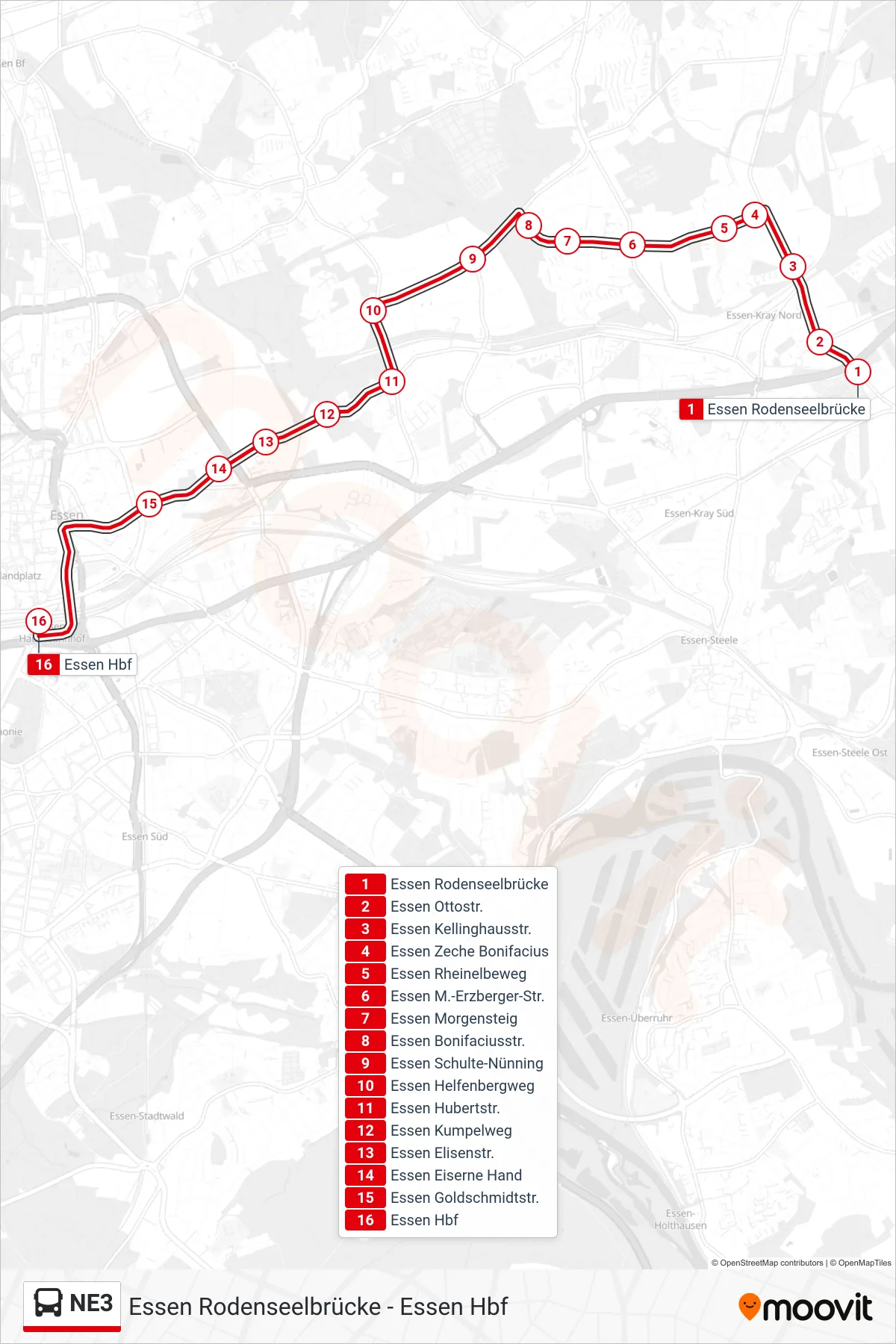 Linie NE3 (Bus) Richtung Essen Hbf: Route und Haltestellen auf der Karte