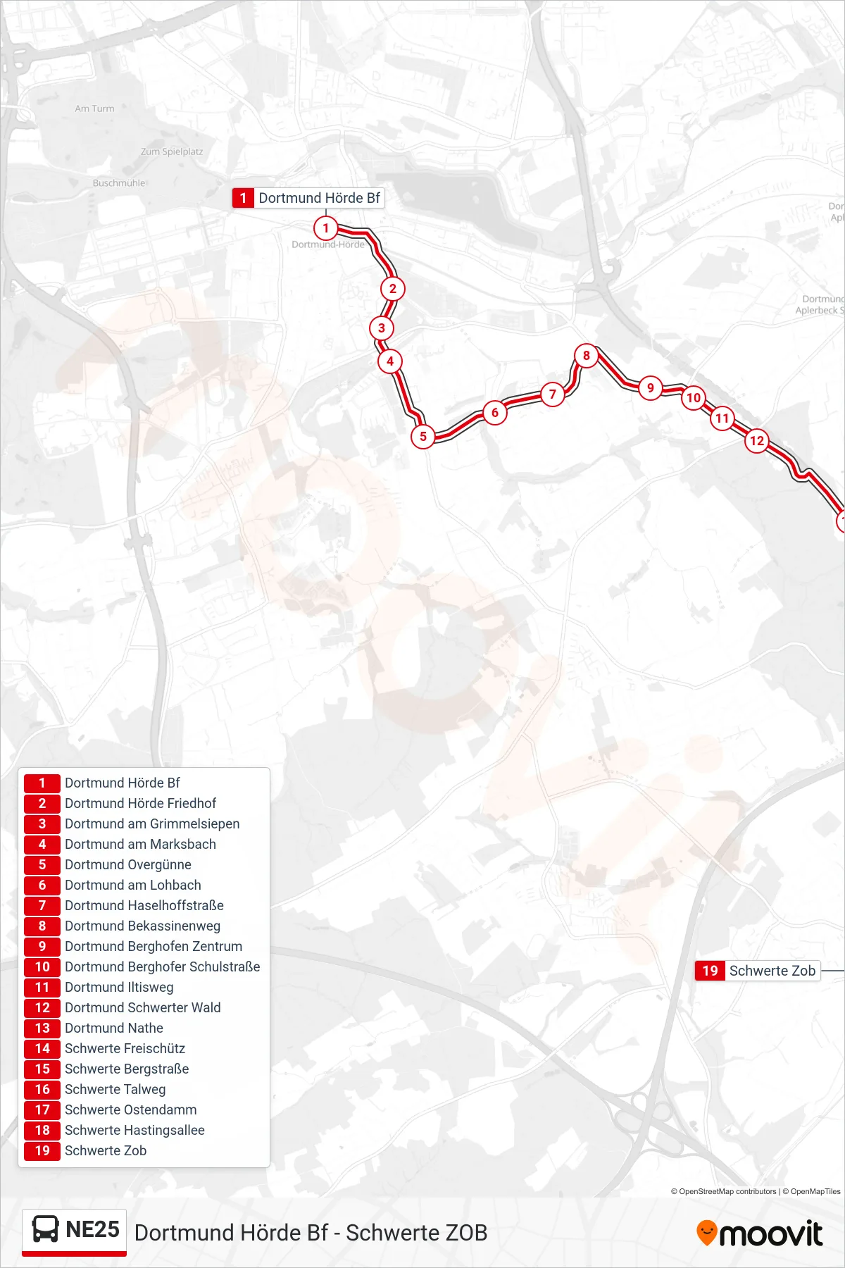 Linie NE25 (Bus) Richtung Schwerte Zob: Route und Haltestellen auf der Karte