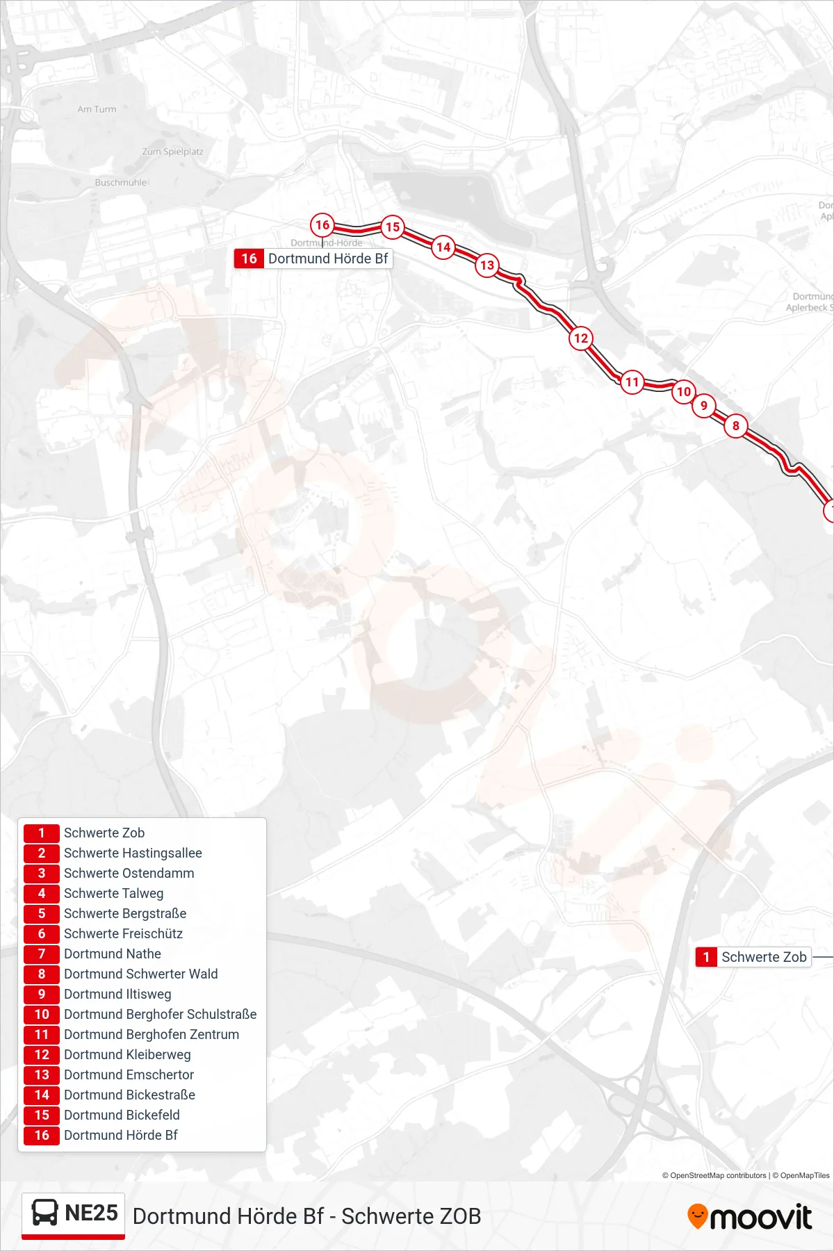 NE25 bus Line (Dortmund Hörde Bf) route and stops on a map