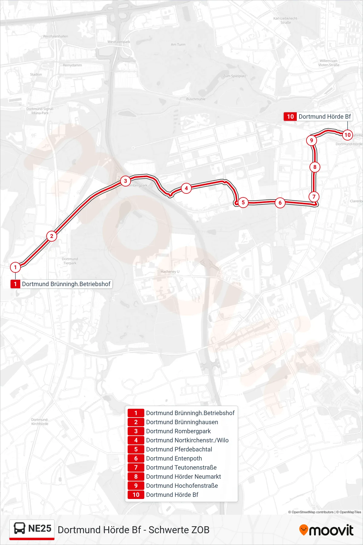 NE25 bus Line (Dortmund Hörde Bf) route and stops on a map