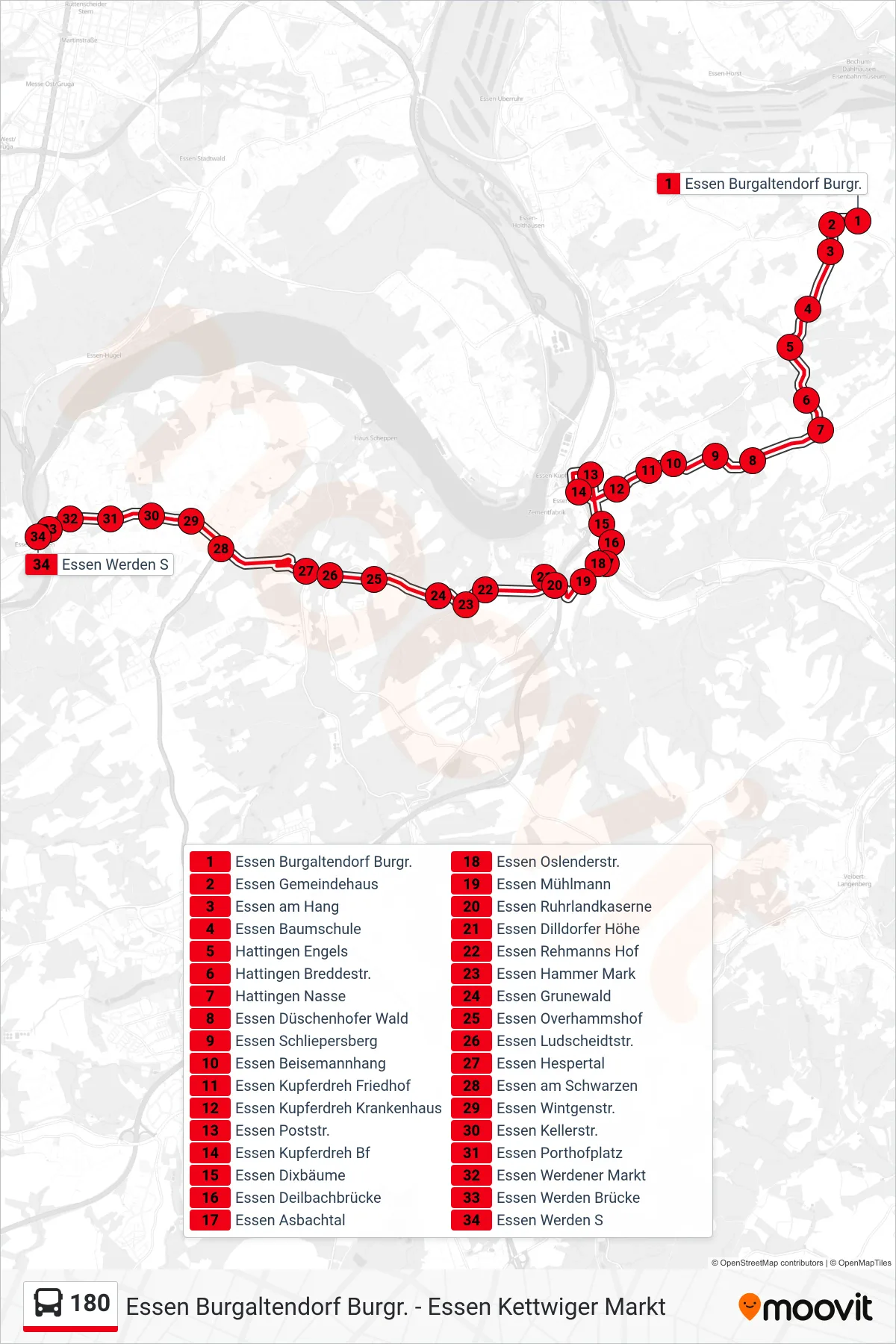 Linie 180 (Bus) Richtung Essen Werden S: Route und Haltestellen auf der Karte