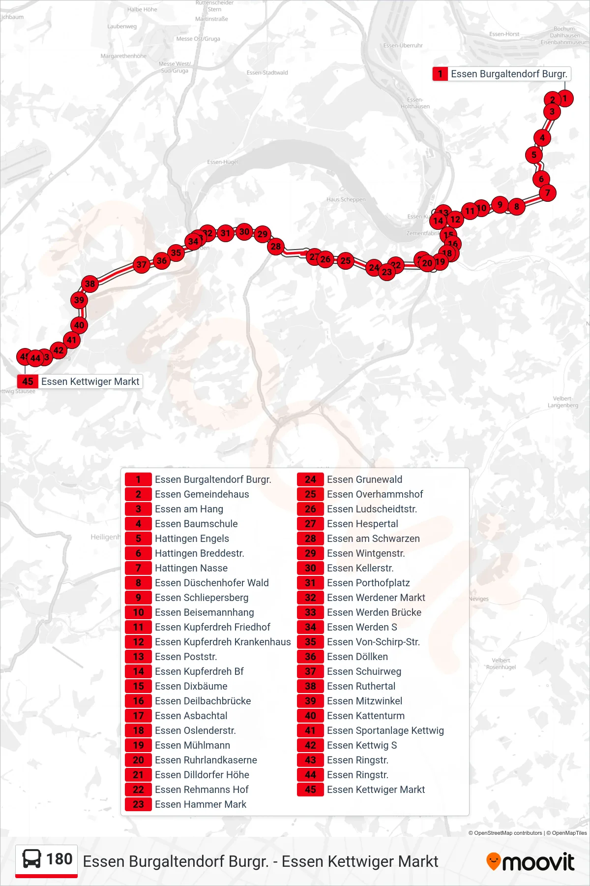 180 bus Line (Essen Kettwiger Markt) route and stops on a map