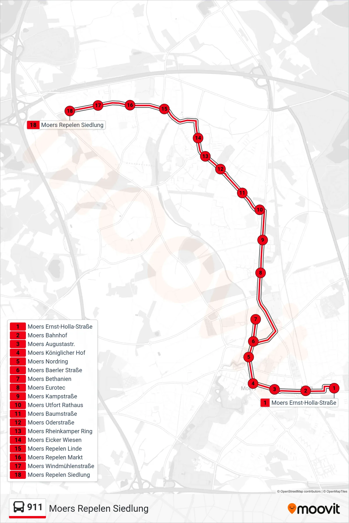 911 bus Line (Moers Repelen Siedlung) route and stops on a map