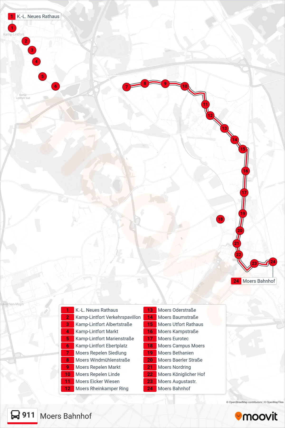 Linie 911 (Bus) Richtung Moers Bahnhof: Route und Haltestellen auf der Karte
