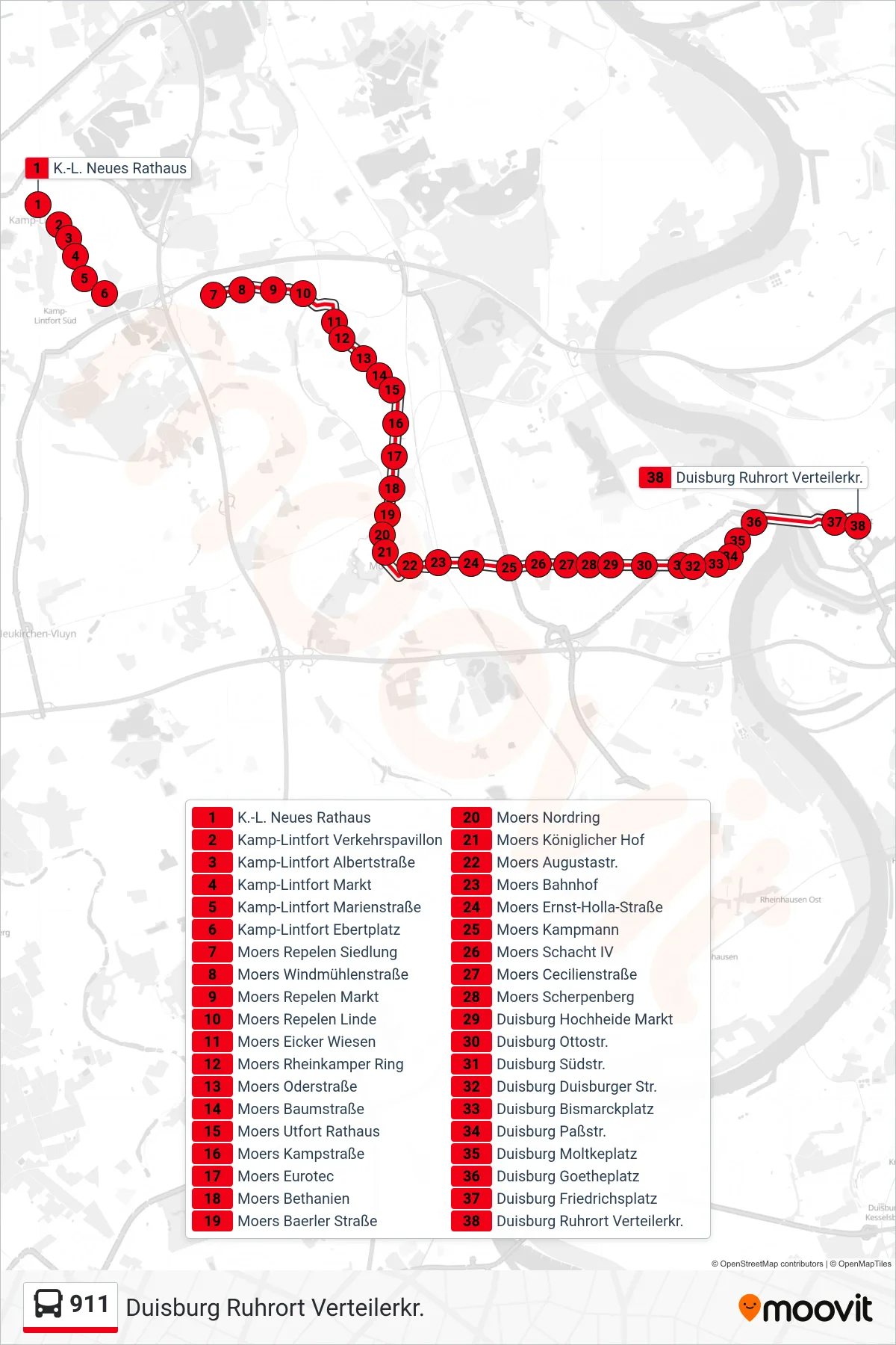 911 bus Line (Duisburg Ruhrort Verteilerkr.) route and stops on a map