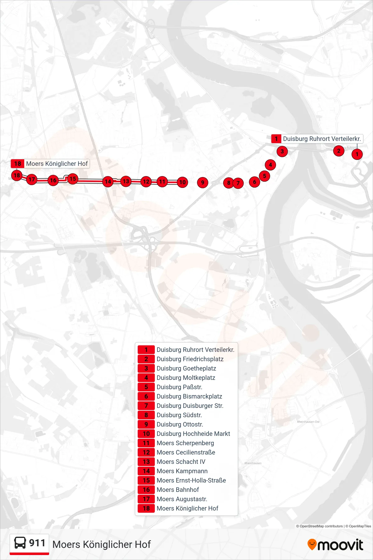 911 bus Line (Moers Königlicher Hof) route and stops on a map
