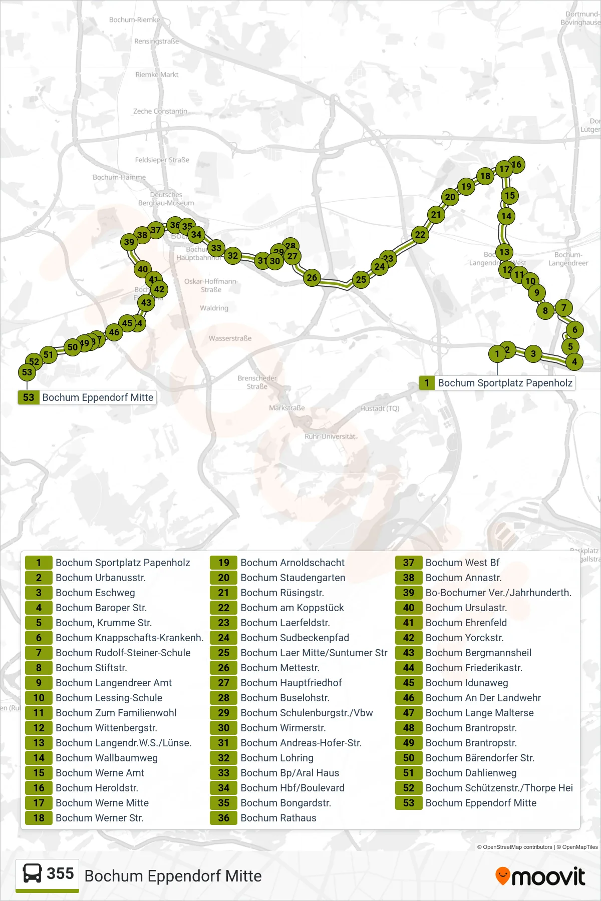 Linie 355 (Bus) Richtung Bochum Eppendorf Mitte: Route und Haltestellen auf der Karte
