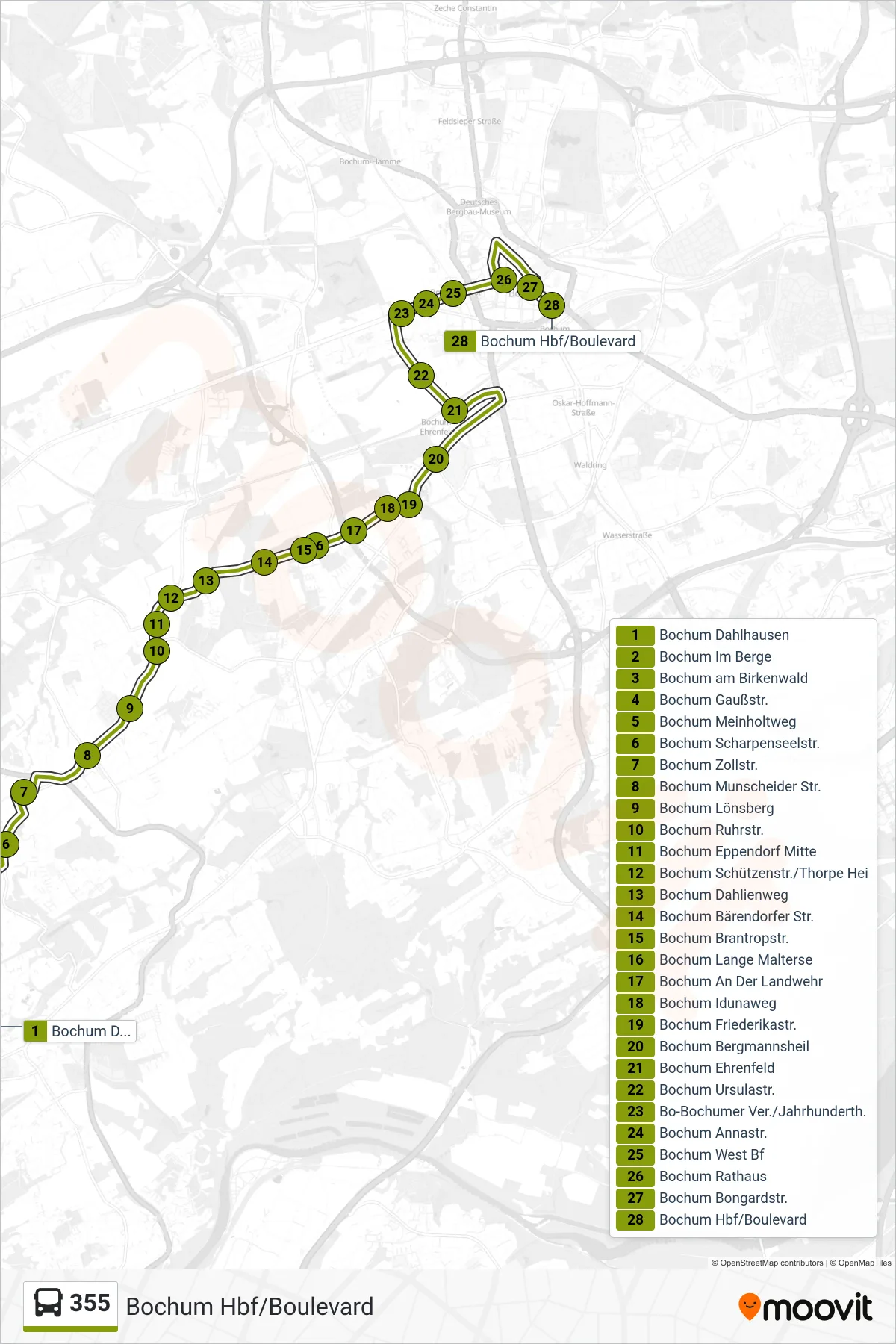 Linie 355 (Bus) Richtung Bochum Hbf/Boulevard: Route und Haltestellen auf der Karte