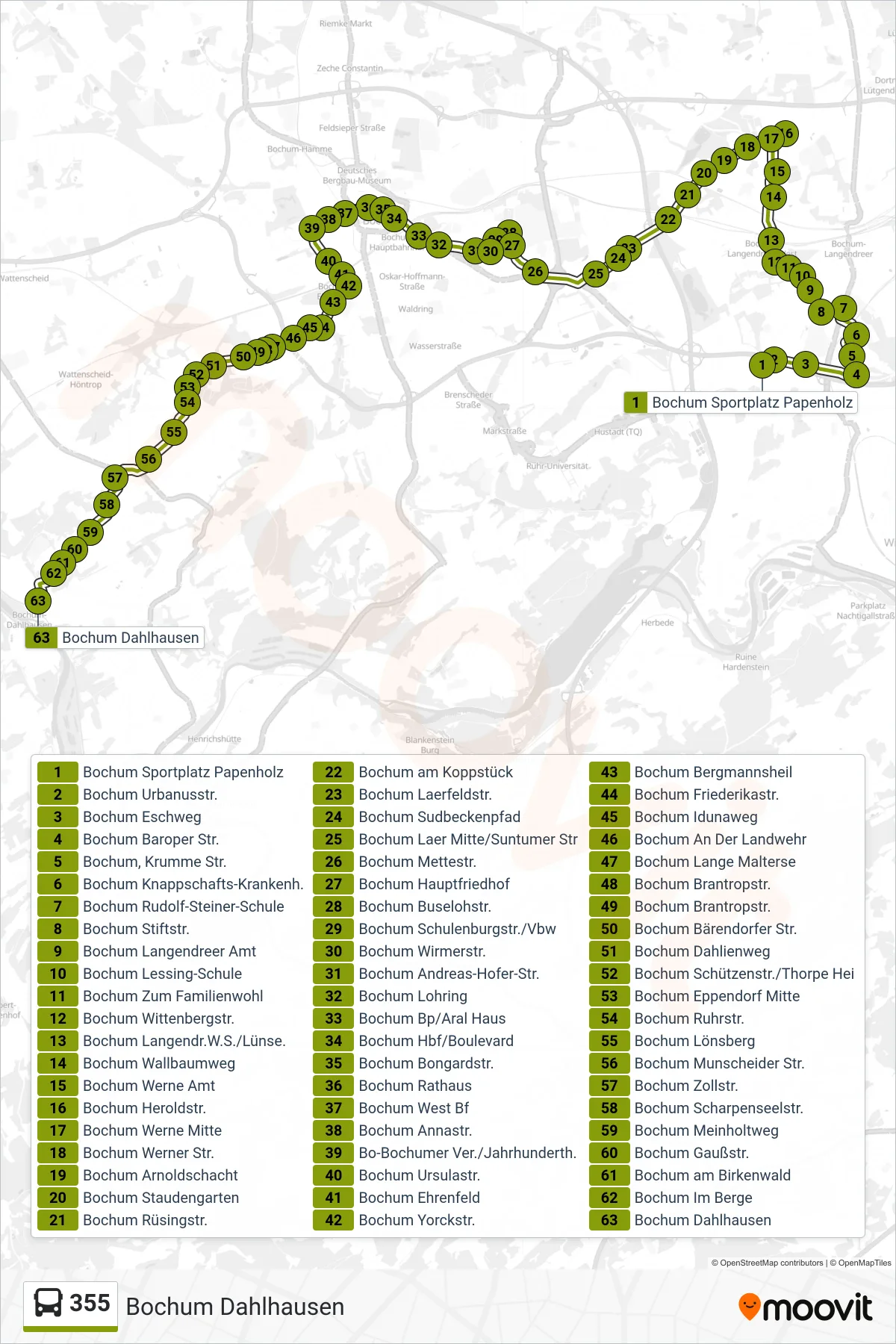 Linie 355 (Bus) Richtung Bochum Dahlhausen: Route und Haltestellen auf der Karte