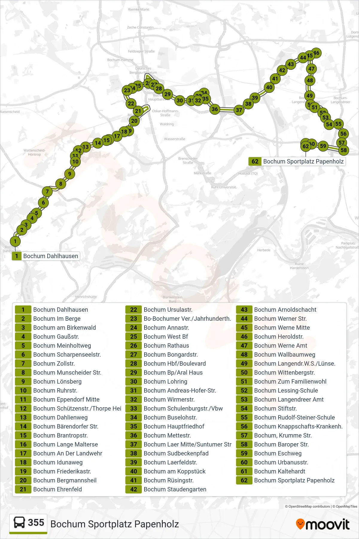 Linie 355 (Bus) Richtung Bochum Sportplatz Papenholz: Route und Haltestellen auf der Karte