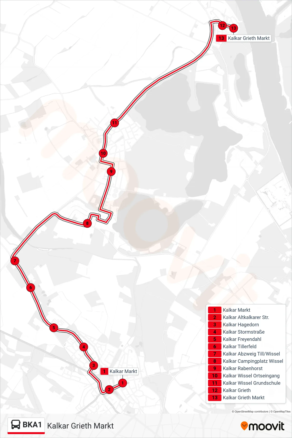 Linie BKA1 (Bus) Richtung Kalkar Grieth Markt: Route und Haltestellen auf der Karte