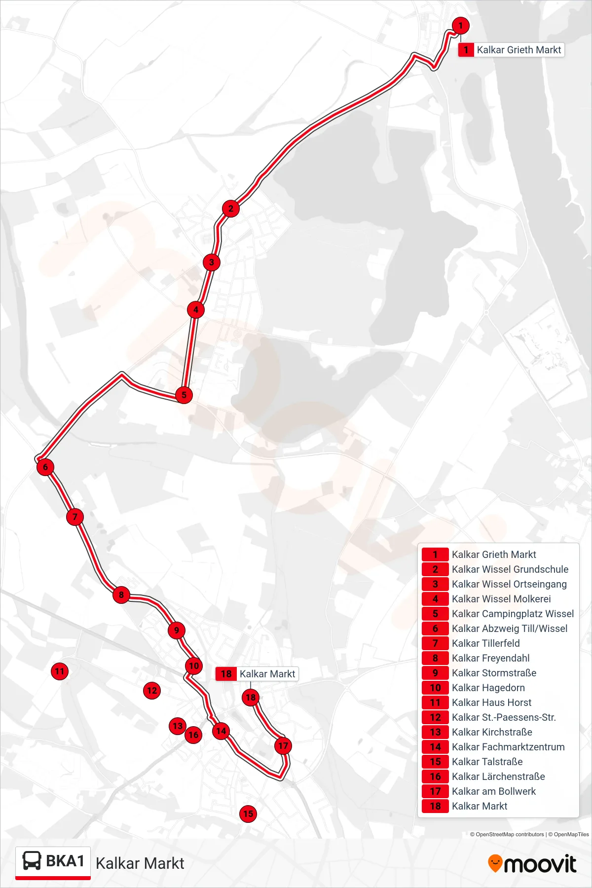 Linie BKA1 (Bus) Richtung Kalkar Markt: Route und Haltestellen auf der Karte